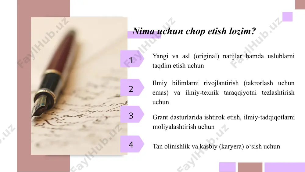 atlarini oshiradi tekshiruvdan o‘tishda qiyinchilik (yuqori talablar, ko‘p bosqichli protsedura) yuqori nashr tezligi (3-6 oyda), web da orqali kontentni mavjud bo’lishi ko'pgina xorijiy jurnallarning mualliflarga nisbatan subyektivligi oak jurnallari agar jurnal ingliz tiliga tarjima qilinsa, maqola jahon hamjamiyatiga taqdim etiladi qo‘lyozmalarni topshirish va ko‘rib chiqish uchun veb-interfeyslarning yo‘qligi mahalliy jurnallar oson ko‘rib chiqish bilan tez nashr qilish qoida tariqasida, xalqaro bibliografik tizimlar tomonidan qamrab olinmagan maqola jahon hamjamiyatiga noma'lumligicha qolmoqda jurnalning reytingini ta'qib qilish har doim ham shart emas! 1 2 3 4 jurnal va jurnal talablarini yaxshilab o‘qing hamkasblar bilan siz tanlamoqchi bo‘lgan jurnalga oid ularning tajribalari haqida gaplashing hamkorlik qilayotgan/ raqobatlashayotgan taqdqiqot guruhlari va olimlar qayerda o‘zishlarini chop etayotganini tekshiring siz uchun impact faktor muhimmi? yoki sizga ishingizni ko‘proq o‘rganganlari/ko‘rganlari muhimmi? to‘g‘ri jurnalni qanday tanlash kerak! 81% 67% 81% to‘g‘ri jurnalni qanday tanlash kerak? tadqiqot ishingizdagi havolalarni o‘rganib chiqing. orginal maqolalar qayerda chop etilgan va o‘qish mumkin? nashriyotlar …