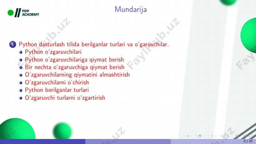 2 print(age) natija: dinosaur biroq, age=dinosaur yozish mumkin emas. bundan tashqari, siz o‘zgaruvchiga qiymat berishdan oldin o‘zgaruvchidan foydalana olmaysiz. 8 / 21 1 print(name) xatolik: traceback (most recent call last): file “ ”, line 1, in name nameerror: name ‘name’ is not defined biroq, identifikatorni teng belgisining o’ng tomoniga qo’yib bo’lmaydi. quyidagi kod xatolikka olib keladi. 1 7=age xatolik: syntaxerror: can’t assign to literal 9 / 21 python o’zgaruvchilari kalit so’zga ham qiymat sifatida bera olmaysiz. 1 false=choice xatolik: syntaxerror: can’t assign to keyword 10 / 21 bir nechta o‘zgaruvchiga qiymat berish bir vaqtning o ‘zida bir nechta o‘zgaruvchiga qiymat berishingiz mumkin. 1 age ,city=21,'indore ' 2 print(age , city) natija: 21 indore yoki bir nechta python o’zgaruvchilariga bir xil qiymatni belgilashingiz mumkin. 1 age=fav=7 2 print(age ,fav) natija: 7 7 python o’zgaruvchilariga qiymatlarni shunday belgilashingiz mumkin. 11 / 21 o’zgaruvchilarning qiymatini almashtirish python o‘zgaruvchilarning qiymatini almashtirish juda oson. 1 …