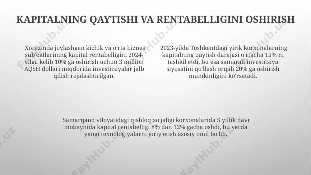 iymatga keltirib, masalan, 10 yillik prognoz va 8%lik diskont stavkasini qo'llagan holda baholanadi. evropa mamlakatlarida, aktivlarning toza aktiv qiymati (nav) metodlari, ya'ni 50 ta kompaniyaning o'rtacha aktivlarini o'rganib, kompaniyaning kapital qiymati aniqlanadi. xavflarni baholash va boshqarish ўзбекистоннинг самарқанд вилоятида жойлашган корхонадаги 5 та асосий актив гуруҳининг хавф даражасини аниқлаш учун 3 баллик шкаладан фойдаланилди. хоразм вилоятидаги кичик корхонанинг бозор қийматини аниқлаш учун 3 йиллик молиявий кўрсаткичлар ва 2 та ташқи омил таҳлили қўлланилди. тошкентдаги йирик корхонанинг 2023 йилдаги активларини баҳолашда, 15 миллион ақш доллари миқдоридаги технология активларининг амортизацияси ҳисобга олинган. korxona kapitalining qiymatini boshqarish o'zbekistondagi korxonalarning kapital qiymatini boshqarishda, 3 yillik davr mobaynida inflyatsiya koeffitsiyenti hisobga olinib, 7 milliard so'm investitsiyalar amalga oshirilgan. korxonaning kapital qiymatini boshqarishda, 2023 yilda toshkentdagi 50 ta yirik kompaniyadan olingan ma'lumotlarga ko'ra, aktivlarning optimal darajada taqsimlanishi foydani 15% ga oshirgan. samarqand viloyatidagi 10 ta kichik va o'rta biznes korxonasida o'tkazilgan tadqiqotlar shuni ko'rsatdiki, kapital qiymatini …
