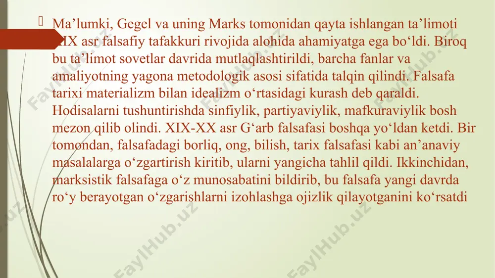 sgan joyidan oladi. u 1741 yili parijga kelib, u erda golbax didro va boshqalar bilan juda yaxshi munosabatda bo’ladi. russo didro tashkil etgan “entsiklopediya”da uning taklifiga binoan ishtirok etadi. russoning jamoatchilikka keng tanilishida uning “fan va sanat haqidagi mulohazalar” (1750) asri muhim ahamiyat kasb etganligi malum. russoning “insonlar o’rtasidagi tengsizlikning kelib chiqishi va asoslari to’g’risida mulohazalar” asri uning obro’siga yana obro’ qo’shadi. pozitivizm. (lot. positivus - ijobiy) - falsafiy yoʻnalish. unga koʻra, barcha chinakam (pozitiv) bilimlar maxsus fanlar yigʻindisi natijasi-dir; fan biror falsafaning oʻz ustidan xukmronligiga muhtoj emas. pozitivizmga 19-asrning 30-yillarida o. konsh asos solgan («p.» terminini kiritgan). pozitivizm tabiiy va ijtimoiy fanlar metodologiyasiga (ayniqsa, 19-a. ning 2yarmida) taʼsir koʻrsatgan. pozitivizmning hoz. shakli — neopozitivizm. pozitivizm g'arb falsafasida juda keng tarqalgan yo’nalish sifatida xix asrning 30 yillarida fransuz faylasufi ogyust kont (1798-1857) tomonidan asos solingan. pozitivizm dastlab fransiyada, so’ngra angliyada va g'arbiy yevropaning boshqa mamlakatlarida rivojlandi: birinchi davr - o.kont, …