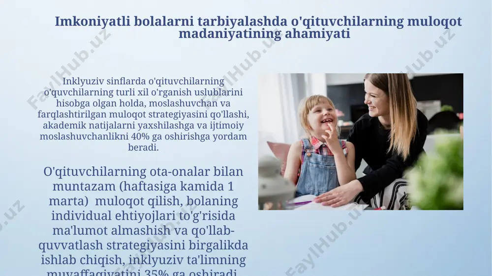 da haftada 1 marta, maxsus uchrashuvlar tashkil etish va bolaning individual ehtiyojlari bo'yicha ma'lumot almashish kerak, bu muammolarni 50% ga kamaytiradi. baholash va monitoring baholash jarayonida kamida 3 ta turli baholash usuli (masalan, kuzatish, test, portfel) qo‘llanilishi va natijalar individual talaba ehtiyojlariga mos ravishda tahlil qilinishi muhim. individualizatsiya qilingan ta'lim rejalari (iep) tuzishda va monitoring qilishda kamida 2 ta mutaxassis (masalan, defektolog, psixolog) ishtirok etishi va ularning muntazam muloqoti ta'minlanishi lozim. til to'siqlarini bartaraf etish o'qituvchilarning samarali muloqoti, 30% ga yaqin o'quvchilarning o'zlashtirish ko'rsatkichlarini yaxshilaydi va nogiron bolalar uchun inklyuziv ta'lim muhitini yaratishga yordam beradi. kamida 5 xil muloqot uslubini qo'llash (masalan, vizual, auditoriy, kinestetik) nogiron bolalar bilan ishlashda muvaffaqiyat darajasini 20% ga oshirishi mumkin. muvaffaqiyatli aloqa misollari muvaffaqiyatli aloqa, masalan, o‘qituvchi 3 yoshli autizmli bola bilan rasmli kartalar va imo-ishoralar yordamida muloqot qilib, uning ehtiyojlarini aniqlash orqali 90% samaradorlikka erishishi mumkin. o‘qituvchi va ota-onalar o‘rtasidagi muntazam (haftada kamida 2 …