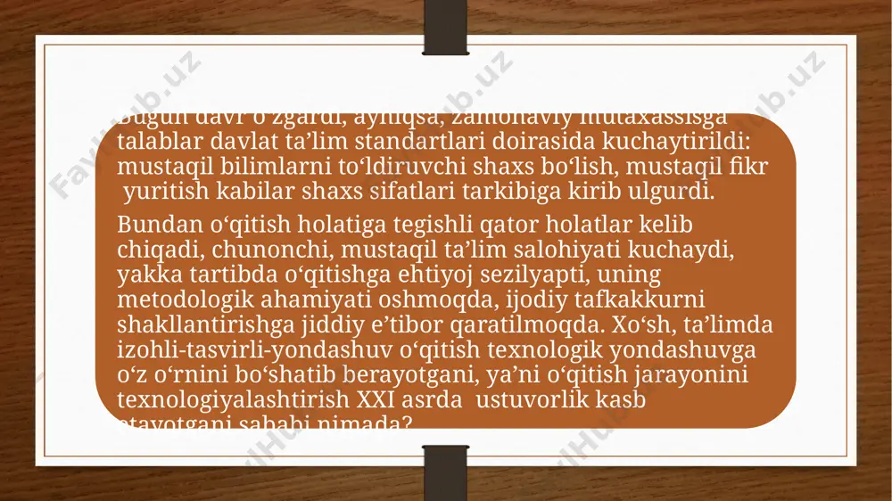yoki ulardan tayyor mahsulot (metall prokat, alohida detal va uzellar va hak.) olish texnologiyalari nazarda tutiladi. ijtimoiy soha bilan bog‘liq texnologiyada inson hayoti, unga xizmat ko‘rsatishini yaxshilashga qaratilgan sohalar hisoblanadi. ijtimoiy texnologiyalarning afzal jihatlaridan biri uni har qanday yangilikka moslasha oladi: ular texnologik jarayonni tashkil etadigan alohida yondashuv va amallardagi kamchiliklarni tuzatishga qaratilgan bo‘ladi. masalan sotsial xizmat ko‘rsatish tibbiyot sohasida aholiga zamonaviy xizmat ko‘rsatishni nazarda tutadi. adabiyotlar: ma’naviyat: asosiy tushunchalar izohli lug‘ati. nazarov q. tahriri ostida. -t.: ma’naviyat, 2009. abilov o‘. milliy g‘oya: ma’naviy omillar. t.: ma’naviyat, 1999. begmatov a. ma’naviyat falsafasi yoxud islom karimov asarlarida yangi falsafiy tizimning yaratilishi. -t.: 2000 yil. gafarli m.m. kasayev a.ch. rivojlanishning o‘zbek modeli: tinchlik va barqarorlik – taraqqiyot omili. –t.: o‘zbekiston, 2000. islomov z.m. fuqarolik jamiyati: kecha, bugun, ertaga. –t.: 2002. image5.png image6.png image3.png image4.png /docprops/thumbnail.jpeg