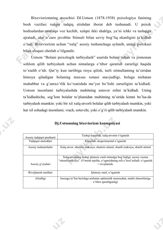 kamchiligi -xulq-atvoming ichki (psixologik) omillaridan voz kechish va to’liq rad etish; - barcha tirik organizmlar xulq-atvoridagi umumiylikni izlash; taraqqiyotda insonga xos bo’lgan o’ziga xoslikni rad etish; -inson haqida mexanistik tasawur; -ta’limning passiv xarakteri - inson ta’sir ob’ekti sifatida; -haqiqat yangi paydo bo’lgan xulq-atvomi tushuntirishning mumkin emasligi. klassik bixeviorizmning asosiy g’oyasi quyidagilardan iborat: bola psixikasining rivojlanishi asosan atrof-muhitga bog’liq. bola taraqqiyotini o’rganishga bag’ishlangan tadqiqotlarda stimullar va ular asosida paydo bo’ladigan reaksiyalar o’rtasida bog’lanish hosil bo’lishiga, o’rganishga imkon beradigan yoki unga to’sqinlik qiladigan sharoitlami o’rganishga e’tibor qaratildi. muhit bolani o’rab turuvchi tevarak-atrof, aniq hayotiy vaziyatlardan iborat sharoit sifatida qaraldi; vaziyat turli stimullar to’piamidan iborat bo’lib, ular o’z navbatida qo’zg’atuvchilar zanjiriga bo’linadi. tashqi muhit ta’sirlari bola xulq-atvori mazmunini va uning rivojlanish xarakterini belgilaydi. shunga qaramasdan, ba’zi bixevioristlar, jumladan e.tomdayk, e.tolmen, k.xall, d.xebb kabilar xulq motivasiyasiga muayyan darajada e’tibor qilganlar. ular o’zlarining izlanishlarida xulq motivasiyasining “quyi darajalari”ni o’rganib, kalamushlarda tajriba ishlarini olib borib, jonivorda …