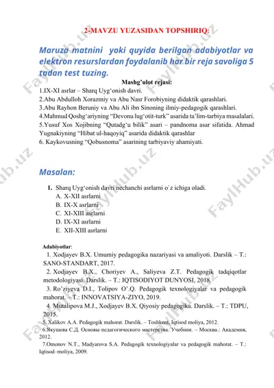 2-mavzu bo‘yicha mashg‘ulot rejasi asosida test savollari to‘plami — DOCX