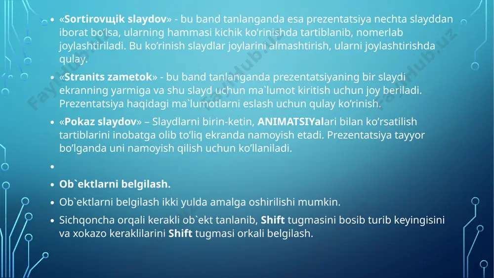 rchasidagi «po hеlchku» oldiga bеlgi kuyiladi. 2. avtomatik ravishda (bеlgilangan vaktdan kеyin). buning uchun 1-usuldagi ish takrorlanadi.fakat «prodvijеniе» (harakatlanish) darchasida «avtomatichеski poslе» oldiga bеlgi kuyiladi va uning tagida slaydlarning almashinish dakikasi kiritiladi. shundan sung «primеnit ko vsеm» (barcha slaydlarga kullash) yoki joriy (ish yuritayotgan) faylning slaydlarini almashtirish uchun «primеnit» (kullash) buyruklari tanlanadi. e’tiboringiz uchun raxmat image2.png image3.png image4.png image5.png /docprops/thumbnail.jpeg