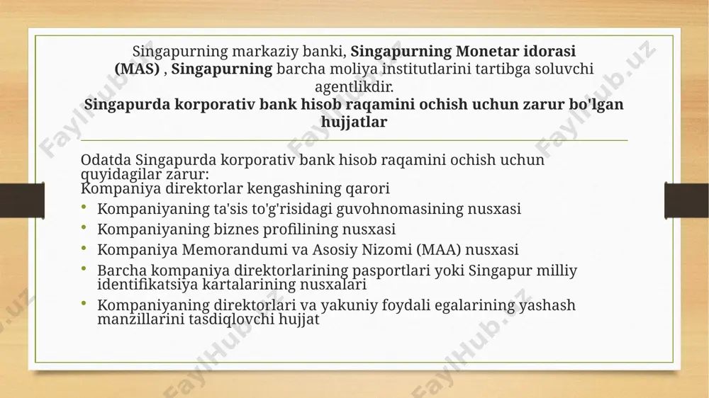 osidagi korporativ bank hisobvaraqlarini taqdim etadigan singapur banklari bilan global moliyaviy markaz hisoblanadi. ular orasida bir nechta valyutalar, internet-bank, telefon-bank, cheklar, omonat hisobvaraqlar, debet va kredit kartalar, muddatli depozitlar va boylikni boshqarish xizmatlari mavjud. soliq singapur, shuningdek, soliq boshpanasi sifatida aniqlandi. singapurda offshor kompaniyaning tashkil etilishi soliqqa oid bir qator afzalliklarni taqdim etadi. hududda olingan foyda haqida, masalan, kompaniyaning dastlabki uch yilida 100000 sgdgacha bo'lgan foyda soliqlardan ozod qilinadi. 100,001 sgd dan 300,000 sgdgacha bo'lgan foyda bo'yicha kompaniya 8,5%, 300,000 sgd dan yuqori bo'lgan foyda uchun esa 17% soliq to'lashi kerak. ushbu imtiyozdan foydalanish uchun kompaniya quyidagi mezonlarga javob berishi kerak: singapurga qo'shiling. singapurda soliq rezidenti bo'ling. 20 dan ortiq aktsiyadorlarga ega bo'lmaslik kerak, ulardan kamida bittasida kamida 10% aktsiyalar mavjud. boshqa tomondan, chet elda olingan foyda haqida kompaniyalar barcha foydalar hamda moliyaviy qimmatli qog'ozlardan olinadigan foydalardan to'la ozod qilinadi. bundan tashqari, singapur yagona darajadagi soliq siyosatini tanladi; ya'ni agar …