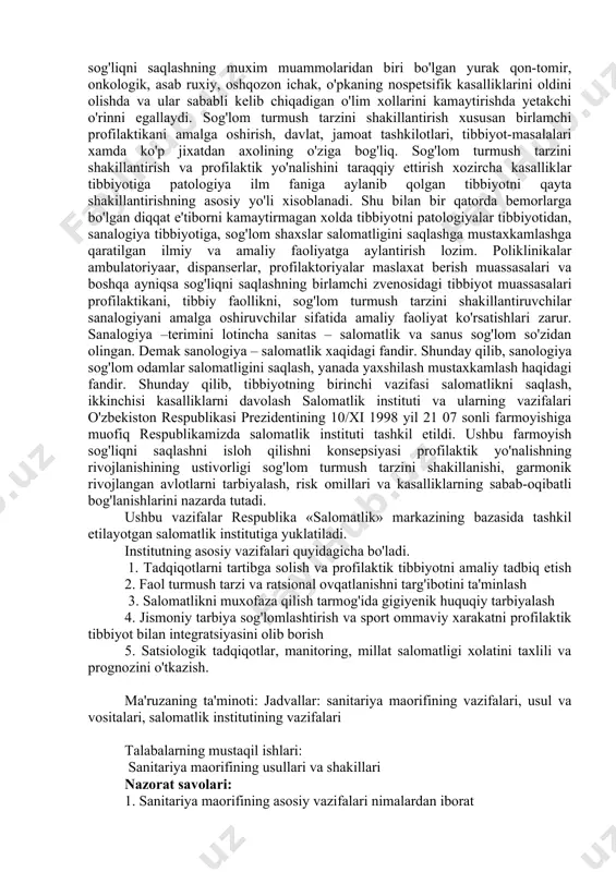 ak. bu ma'ruza va suxbatlarning mazmuni va mavzusi birinchi navbatda muassasa ixtisosiga, uning oldida turgan amaliy vazifalarga, bemorlar tarkibiga, axolining kasallanish xolatiga qarab belgilanadi. tibbiy faollik va sog'lom turmush tarzini shakillantirish tibbiy faollik deb aniq olingan ijtimoiy iqtisodiy, siyosiy sharoitlarga, jamiyat munosabatlariga, jamiyatdagi ishlab chiqarish usullariga shaxs va jamiyat salomatligiga bog'liq holda namoyon bo'ladigan insonlar faoliyati ko'rinishlarining eng tipik xarakterli tomonlariga aytiladi. u ayrim shaxslar, guruxlar, umumaholi faoliyati sog'liqni saqlash muassasalarining axolini davolash va axoli orasida profilaktik maqsadda olib borayotgan ishlarni o'z ichiga oladi. buning asosiy elementlaridan biri sifatida insonlarning o'z salomatligiga, o'zgalar salomatligiga bo'lgan munosabati vrachlar tibbiyot xodimlari tavsiya etgan, buyurgan muolaja davolash ishlarini o'z vaqtida bajarish davolash profilaktika muassasalariga murojati tushuniladi. tibbiy faollik, turmush tarzining boshqa tomonlari kabi kasalliklar profilaktikasi, ayniqsa birlamchi profilaktikani asosi bo'lgan sog'lom turmush tarzini shakillantirishga qaratilgan bo'lishi kerak. sog'lom turmush tarzi - bu odamlarning o'z salomatliklarini saqlash va yaxshilashga qaratilgan faoliyatdir. sog'lom turmush tarzini …