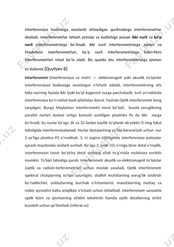 aksimum, bo`lsa minimum bo`ladi./\=(2m+1)*l/2 hosil qilingan interferension yo`llar teng og`ishga tegishlidir. nurlar birinchi plastinkadan ikkinchisiga o`tishda ko`proq ajralishi uchun plastinkalar qalin qilib yasaladi. ∆/ =l(n2-n1) l- modda qalinligi. agar bo`lsa u vaqtda interferension yo`llarning hammasi m - interferension yo`l kattaligiga siljiydi. m, l larni bilib, n2-n1 ni bilish mumkin. n1=1 teng. havoning sinish ko`rsatkichi n2 ya‘ni moddaning sindirish ko`rsatkichini aniqlash mumkin.bu interferometrning sezgirligi katta, shuning uchun u gazlar sindirish ko`rsatkichini aniqlashda ishlatiladi. fabri-pero interferometri fabri-pero interferometri ko`p nurli interferometrlar turiga kiradi. fabri-pero interferometri ko`proq spektral chiziq konturini tekshirish uchun ishlatiladi. keyingi vaqtlarda to`lqin uzunligining ma‘lum oblastida yorug`likni utkazuvchi interferension filtrlar keng ishlatiladi. bu filtrlar fabri-pero interferometrining ishlash prinsipiga asoslangan.interferensiyaning ikki qo`shni tartiblarining ustma-ust tushmasligi uchun interferometr tomonidan tekshirilayotgan struktura kengligi ikkita qo`shni maksimumlar orasidagi masofadan oshmasligi, ya‘ni quyidagi shart bajarilishi kerak. /\&=&/m eng katta ehtimolli interferensiya tartibi m=2l/& bolganligi uchun /\&=&2/2l bu yerdan plastinkalar orasidagi chegaraviy masofa bo`ladi. bilan aniqlanadigan …