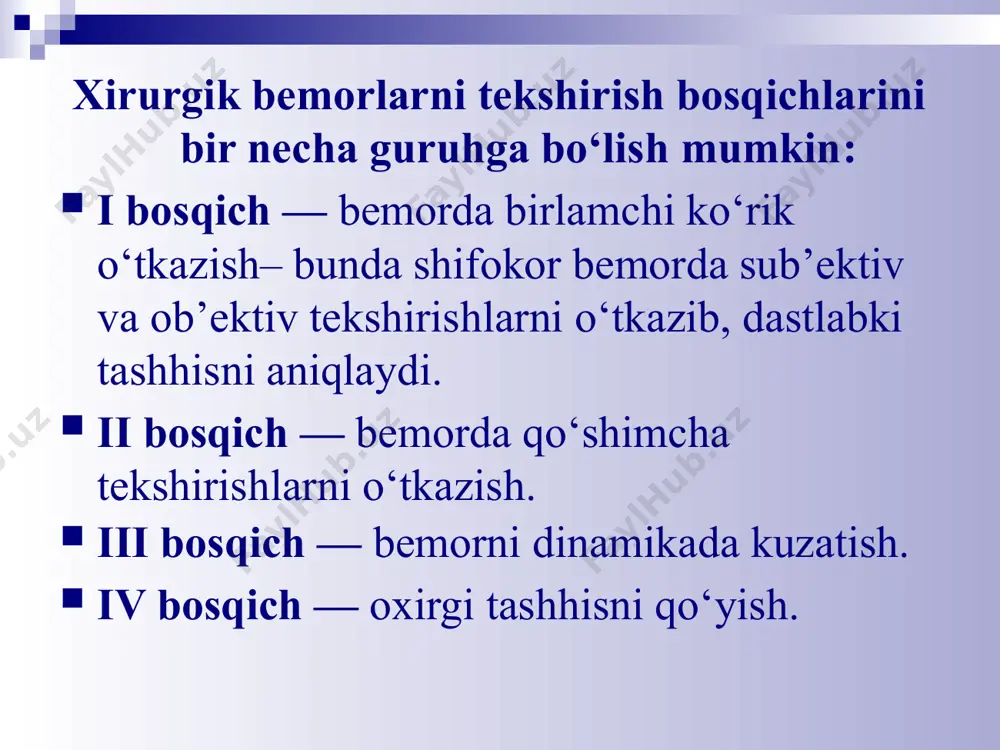 ektivligi shifoxonaga yotqizishga ko‘rsatma: ahvolining yomonlashuvi, oldingi davolashni effektsizligi, tashhisni aniqlash uchun, rejali terapiya, shoshilinch holda keltirilganligi anamnesis vitae (hayot tarixi) qisqacha biografik ma’lumotlar; bemorni tug‘ilishi va o‘sishi; turmushi, mehnat faoliyati va ovqatlanishi; o‘tkazgan kasalliklari; irsiy ma’lumotlari; ayollarda – ginekologik anamnezi; allergik anamnez: oldingi kasalliklarida olgan antibakterial preparatlarga (asosan antibiotiklarga), oldin qon yoki qon o‘rnini bosuvchi preparatlar quyilganligi va ularga allergik reaksiya kuzatilganligi; zararli odatlari. ko‘rik iloji bo‘lsa umumiy ko‘rikdan o‘tkazish kerak; iloji bo‘lsa bemorni yotgan va turgan holda ko‘rikdan o‘tkazish kerak; lokal ko‘rikda patologik jarayonni xarakteriga e’tibor berish kerak (bo‘rtganligi, jarohatlanganligi, o‘simtaligi, deformatsiyalashganligi, yaraligi), lokalizatsiyasiga, o‘lchamiga, teri rangiga va tomirlar bo‘rtganligiga; teri butunligini buzilishiga (jarohat, yara) — qirralarining holati, shakli va chuqurligi, turi va soniga; antropometrik ko‘rsatkichlarga (qo‘l-oyoqlarning uzunlig va aylanasiga), harakatning aktiv va passivligiga e’tibor berish kerak bo‘ladi. palpatsiya palpatsiyani bemor uchun noqulaylik keltirib chiqarmaslik, kuchli og‘riq keltirib chiqarmaslik uchun sekin astalik bilan bajariladi palpatsiyada patalogik jarayonni og‘riqli …
