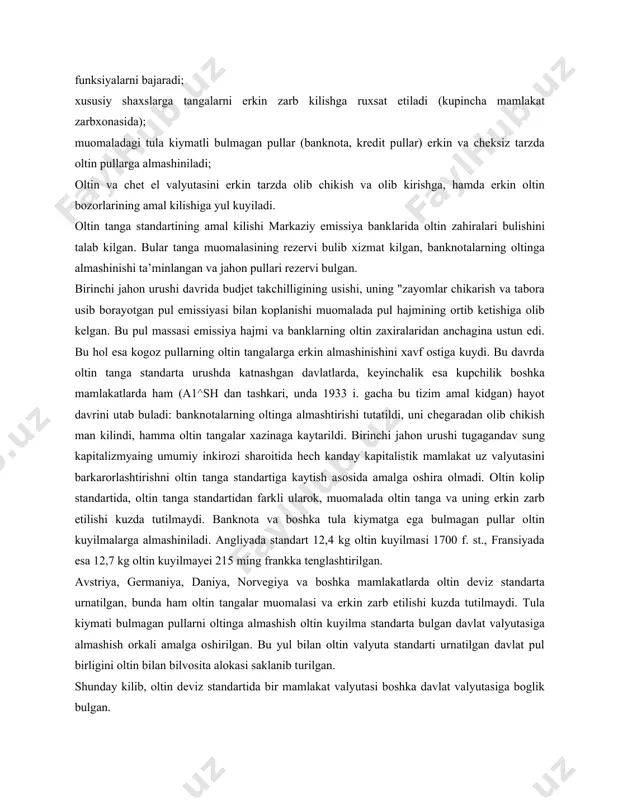 i, uning "zayomlar chikarish va tabora usib borayotgan pul emissiyasi bilan koplanishi muomalada pul hajmining ortib ketishiga olib kelgan. bu pul massasi emissiya hajmi va banklarning oltin zaxiralaridan anchagina ustun edi. bu hol esa kogoz pullarning oltin tangalarga erkin almashinishini xavf ostiga kuydi. bu davrda oltin tanga standarta urushda katnashgan davlatlarda, keyinchalik esa kupchilik boshka mamlakatlarda ham (a1^sh dan tashkari, unda 1933 i. gacha bu tizim amal kidgan) hayot davrini utab buladi: banknotalarning oltinga almashtirishi tutatildi, uni chegaradan olib chikish man kilindi, hamma oltin tangalar xazinaga kaytarildi. birinchi jahon urushi tugagandav sung kapitalizmyaing umumiy inkirozi sharoitida hech kanday kapitalistik mamlakat uz valyutasini barkarorlashtirishni oltin tanga standartiga kaytish asosida amalga oshira olmadi. oltin kolip standartida, oltin tanga standartidan farkli ularok, muomalada oltin tanga va uning erkin zarb etilishi kuzda tutilmaydi. banknota va boshka tula kiymatga ega bulmagan pullar oltin kuyilmalarga almashiniladi. angliyada standart 12,4 kg oltin kuyilmasi 1700 f. st., fransiyada …