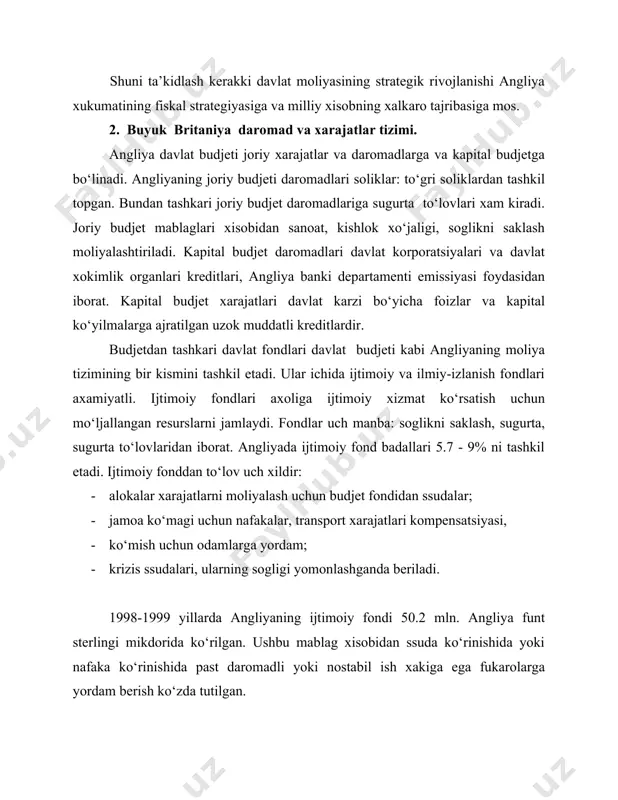 yillik subsidiyalar beradi. bu fond mablaglari xisobidan ilmiy muammolar yechiladi va ishlab chikarishga tadbik etiladi. budjetdan tashkari fondlar xisobidan davlat budjetining 1/3 kismi moliyalashtiriladi. 3. buyuk britaniya maxalliy moliyasi va ularning tarkibi. angliyaning moliya tizimining uchinchi zvenosini maxalliy budjet tashkil etadi. ular iktisodiy va ijtimoiy rivojlanishga umumdavlat va maxalliy moliya resurslarini jalb etadi. · angliyada maxalliy xukumat to‘rt asosiy daromad manbai: · markaziy xukumat subsidiyalari; · uy – joy soligi; · xarakatlanuvchi mulk tariflari va litsenziyalar sotishdan tushgan daromadlar; · soliklar. 75% xarajatlar xukumat subsidiyalari tomonidan moliyalashtiriladi. xarakatlanuvchi mulk tariflari xarakatlanuvchi mulk egalaridan olinadigan soliklar demakdir. bu mulk narxi xar 5 yilda kayta baxolanadi. tariflar markaziy xukumat tomonidan o‘rnatiladi. angliyada ko‘chmas mulk solikka tortiladi. ikki yosh boladan ko‘p uylarga chegirmalar bor. kam ta’minlangan fukarolar uchun solik 100% gacha chegirilishi mumkin. 1997-1998 yillar maxalliy xukumat xarajatlari 76900 mln. angliya funt sterlingini tashkil etgan. bu davlat xarajatlarining ¼ kismi demakdir. maxalliy moliya …