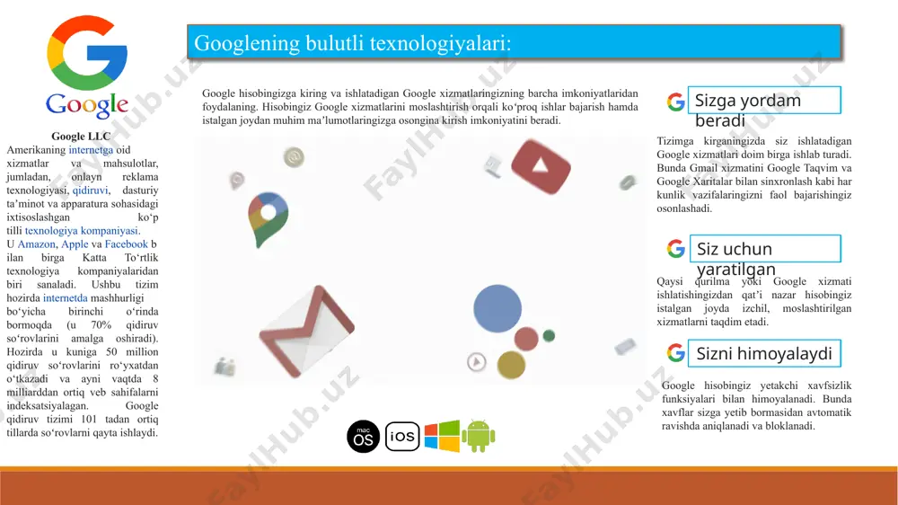 u sizning uy kompyuteringizdan, ish kompyuteringizdan yoki mobil qurilmangizdan istalgan joydan - kirish uchun fayllaringizni onlayn ravishda saqlashingiz va zaxiralashingiz mumkinligini anglatadi. sizning fayllaringiz dropbox-ning serverlarida saqlanadi va bo'lishi mumkin sinxronlashtirildiyoki barcha qurilmalaringizda avtomatik ravishda yangilanadi. dropboxning bulutli texnologiyasi: web - interfeys ko‘rinishi hujjatlaringizni istalgan joydan tahrirlash: hujjatni ish joyida boshlashingiz, uyga qaytishda mobil qurilmangizda ishlashingiz va uyda tugatishingiz mumkin. bundan tashqari, ios yoki android uchun dropbox mobil ilovasining foydalanuvchilari o'zlarining mobil qurilmalaridagi hujjatlarini microsoft office mobil ilovalari yordamida tahrirlashlari va ularning o'zgarishlarini avtomatik ravishda saqlashlari va barcha qurilmalarida sinxronlashlari mumkin. dropbox sizga imkon beradigan asosiy narsa fayllarni internetda osongina saqlashdir. ammo dropbox bilan ishlashingiz mumkin bo'lgan ba'zi boshqa narsalar: hujjatlarni istalgan joydan almashish: siz papkalardan birini dropbox-da baham ko'rishingiz mumkin, shunda boshqalar unga kirishlari mumkin. fayllarni yuklab olish uchun siz boshqalarga elektron pochta orqali havolalar yuborishingiz mumkin - albatta sizning ruxsatingiz bilan! muhim fayllarning zaxira nusxasini yarating: agar ishingiz …