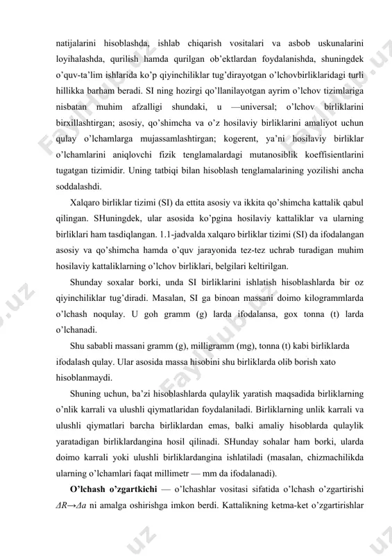 olib borish xato hisoblanmaydi. shuning uchun, ba’zi hisoblashlarda qulaylik yaratish maqsadida birliklarning o’nlik karrali va ulushli qiymatlaridan foydalaniladi. birliklarning unlik karrali va ulushli qiymatlari barcha birliklardan emas, balki amaliy hisoblarda qulaylik yaratadigan birliklardangina hosil qilinadi. shunday sohalar ham borki, ularda doimo karrali yoki ulushli birliklardangina ishlatiladi (masalan, chizmachilikda ularning o’lchamlari faqat millimetr — mm da ifodalanadi). o’lchash o’zgartkichi — o’lchashlar vositasi sifatida o’lchash o’zgartirishi δr→δa ni amalga oshirishga imkon berdi. kattalikning ketma-ket o’zgartirishlar qatoridan bittasi yuz beradigan o’lchash vositalari elementi o’zgartirish elementi deb ataladi. o’zgartirish elementi har doim ham konstruktiv ajralib turmaydi, ya’ni o’lchash vositasi tuzilishining ayni bitta elementi ikki va undan ortiq o’zgartirish elementiga ega bo’lishi mumkin. o’lchash axboroti signali hamma o’zgarishlarining amalga oshishini ta’minlovchi o’zgartirish elementlari to’plami o’lchash vositasining o’lchash maqsadi deyiladi. o’lchash zanjirida bevosita o’lchanayotgan kattalikning ta’sirida bo’lgan birinchi o’zgartirish elementining qismi sezgir element deyiladi. sezgir elementning o’lchash vositasini aniqlashda e’tiborli bo’lish va uni ximoya armaturasi bilan …