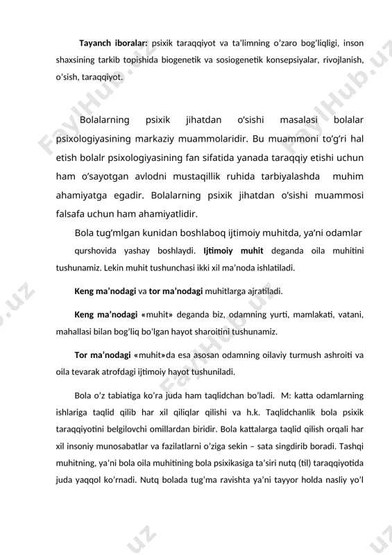 , o’zbek tilida, o’zbek bolasi fransuz oilasida o’ssa, fransuz tilida gapiradgan bo’ladi. g’arb olimlari bolalarga nasliy hususiyatlar qatorida ijtimoiy muhitning ham ta’siri haqida gapirar ekanlar, ular ijtimoiy muhitning «mukammalligini» va «o’zgarmasligini» yoqlashga intiladi. chunki g’arb olimlari ijtimoiy muhit deganda burjua tuzumini «mukammalligi» va o’zgarmasligini tushunadilar. bu juda katta xatoga yo’l qo’yishdir. chunki, absalyut mukammal va o’zgarmaydigan iuhit bo’lmaydi. bola psixikasining rivojlanishida asosan o’sish va taraqqiyetish so’zlaridan foydalaniladi. o’sish deganda miqdoriy jihatdan ortish, ulg’ayish tushuniladi. taraqqiyot deganda esa, faqat miqdoriy jihatdan emas, balki sifat jihatdan ham o’zgarish tushuniladi. shuning uchun oddiy o’sish prosessiga qaraganda taraqqiyot prosessi ancha murakkab prosessdir. odamning shu jumladan, bolaning barcha psixik prosesslari va shaxsiy prosesslari va shaxsiy sifatlari krnkret ijtimoiy sharoitning ta’siri tufayli individual hayot davomida yuzaga keladi. bunda eng muhim faktor oiladir. oila hayotining umumiy tarzi bola psixikasining taraqqiy etishiga ta’sir etmasdan qolmaydi. bola o’z tabiatiga ko’ra juda ham taqlidchan bo’ladi. taqlidchanlik bolalarga xos hususiyat bo’ladi. …
