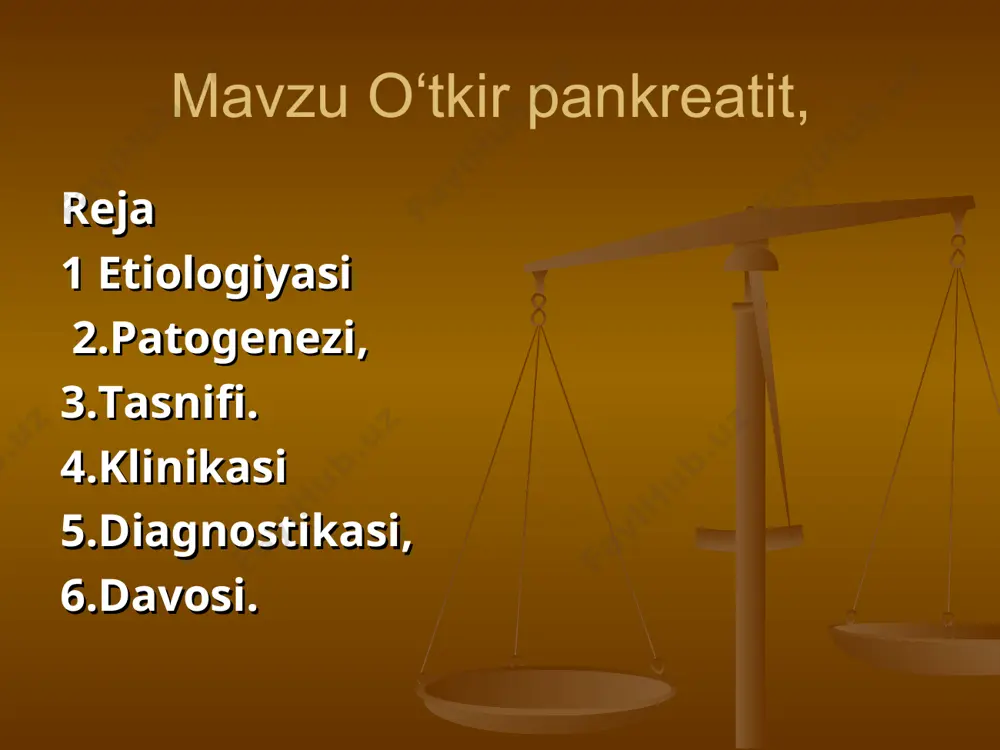 – a.hepatica propria; 13 – a.pancreatica inferior; 14 – a.pancreatica magna; 15 – a.pancreatica caudalis. * o`tkir pankreatit etiologiyasi jigardan tashqari o't yo'llari kasalliklari - 45% (oshqozon-ichak trakti kasalliklari, katta duodenal papilla kasalliklari va boshqalar). alkogolizm, spirtli ichimliklarni haddan tashqari oshirib yuborish yoki alkogol o'rnini bosuvchi moddalarni iste'mol qilish - 32-47% shikastlanishdan keyingi pankreatit - 5-10% idiopatik pankreatit - 3-7% * . etiologiyasi boʻyicha: birlamchi pankreatit (alkogolli, avtonom) . ikkilamchi pankreatita) o't yo'llarib) papillopankreatit (katta duodenal papilla va periampulyar mintaqa kasalliklari bilan bog'liq)c) duodenopankreatit (duodenostaz, o'n ikki barmoqli ichak yarasi va boshqalar). ii. morfologik o'zgarishlarning tabiati bo'yicha: 1. shishgan pankreatit (interstitsial). 2. me'da osti bezi nekrozi (destruktiv pankreatit): a) gemorragik, b) yog'li, v) aralash:a) kichik fokusli, b) katta fokusli, v) umumiy 3. yiringli pankreatit: infektsiyalanmagan va infektsiyalangan sekvestr bezning xo'ppozi, bezning flegmonasi yiringli parapankreatit bilan bezning xo'ppozi yoki flegmonasi yiringli parapankreatit 4. yiringli pankreatitning asoratlari oshqozon osti bezi va ichi …