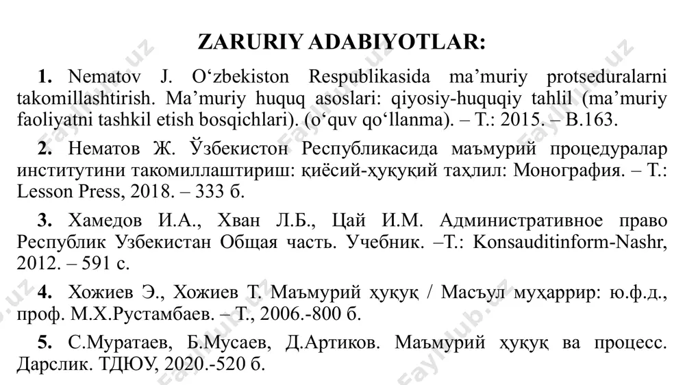 lik; ishonchlilik; tinglanish imkoniyatining mavjudligi; ma'muriy tartib-taomillarning ochiqligi, shaffofligi va tushunarliligi; manfaatdor shaxslar huquqlarining ustunligi; byurokratik rasmiyatchilikka yo'l qo'yilmasligi; ma'muriy tartib-taomillarning asosiy prinsiplari quyidagilardan iborat: 5-19-m. mtttq mazmunan qamrab olish; ma'muriy ish yuritishning «bir darcha» orqali amalga oshirilishi; teng huquqlilik; ishonchning himoya qilinishi; ma'muriy ixtiyoriylikning (diskretsion vakolatning) qonuniyligi; tekshirish. ma'muriy ish yuritishda ishtirok etish imkoniyatini istisno qiluvchi holatlar (31-32 m.) ma'muriy organning mansabdor shaxsi ma'muriy organ nomidan ma'muriy ish yuritishda ishtirok etishga quyidagi hollarda haqli emas mazkur ma'muriy ish yuritishda manfaatdor shaxs bo'lsa; ma'muriy ish yuritishda ishtirok etuvchi manfaatdor shaxslardan biri bilan qarindoshlik yoki qayin-bo'yinchilik va quda-andachilik munosabatida bo'lsa (bo'lgan bo'lsa); mazkur ma'muriy ishni yuritishda ma'muriy ishni hal etishga ko'maklashuvchi shaxs sifatida ishtirok etayotgan bo'lsa yoki ilgari ishtirok etgan bo'lsa; boshqacha tarzda shaxsan, bevosita yoki bilvosita ma'muriy ishni hal etish natijasidan manfaatdor bo'lsa yoki uning xolisligiga shubha tug'diruvchi boshqa holatlar mavjud bo'lsa. ma'muriy ish yuritishda ishtirok etuvchi manfaatdor shaxslardan birining …
