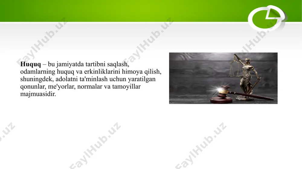 o'zgacha ijtimoiy qatlamlardan kelgan odamlarning sudda teng huquqlilikdan foydalanmasligi, yuqori lavozimdagi shaxslarning o'z huquqlarini suiiste'mol qilishlari. huquqiy tenglik buzilishi: muammo: irqiy, diniy yoki gender asosidagi diskriminatsiya. ba'zi odamlar yoki guruhlar jamiyatda boshqa guruhlar bilan teng huquqlarga ega emas. misol: ayollar va erkaklar o'rtasidagi ish haqi bo'yicha tengsizlik, irqiy yoki etnik kelib chiqish asosida ishga joylashishda nomaqbul amaliyotlar. yechimlar va takliflar: adolatli sud tizimi: yechim:sud tizimini isloh qilish va adolatni ta'minlash uchun mustaqil va shaffof sudlarni yaratish. sud jarayonlarida adolatni ta'minlash uchun barcha fuqarolarga teng imkoniyatlar yaratish. taklif:sudlarda korrupsiyani oldini olish maqsadida sudyalar va boshqa mutasaddilarning mustaqilligini ta'minlash. tenglikni ta`minlash: yechim: jamiyatdagi barcha shaxslar o'rtasida teng huquqlilikni ta'minlash va diskriminatsiya holatlarini kamaytirish uchun tegishli qonunlar va tashabbuslarni joriy etish. taklif: gender, irq yoki etnik kelib chiqish asosida har qanday kamsitishga qarshi kurashish, jamiyatda tenglikni targ'ib qilish. mavzuga oid atamalar: korrupsiya – davlat yoki xususiy sektor vakillarining o'z lavozimlaridan shaxsiy manfaatlar uchun …