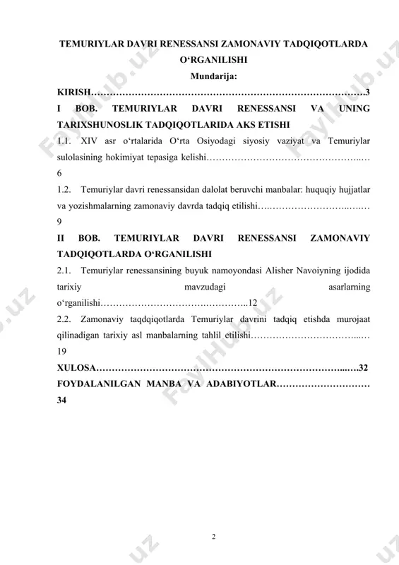 b ish tutgan amir temur. har qanday taraqqiyotning asosi sifatli taʼlim tizimi ekanligini chuqur anglagan edi. shu sababli sohibqiron birinchi galda taʼlim va tarbiyani toʻgʻri yoʻlga qoʻyish, ilmli, maʼrifati shaxslarning jamiyatdagi mavqeyini koʻtarish yoʻlidan bordi. ulkan saltanatning barcha shahar va yirik qishloqlarida koʻplab boshlangʻich maktablar barpo etildi. tarixiy manbalarning dalolat berishicha, bu davrda oʻgʻil bola 4 yil, 4 oy va 4 kunlik boʻlganda maktabga berish anʼanasi amalda boʻlib, boshlangʻich taʼlim ulkan saltanatning barcha madaniy oʻlkalarini qamrab olgan edi. kurs ishining dolzarbligi. bugungi kunda tarixiy meros, tarixiy xotiraning qayta tiklanishi nafaqat o‘zbekiston respublikasi rahbariyati va tarixchilarining, shu bilan birga keng jamoatchilikning diqqat e’tiborida bo‘lib kelmoqda. bu esa, o‘zbekiston prezidenti sh.mirziyoyev tomonidan bir necha marta ta’kidlangan va o‘zbekiston respublikasi vazirlar mahkamasining maxsus qarorlari bilan belgilanishi tarix fani oldiga katta mas’uliyatni yuklaydi. mustaqillik yillarida o‘zbekiston olimlarining samarali tadqiqotlari natijasida milliy tariximizning ilgari noma’lum bo‘lgan sahifalari ochildi, tarixiy o‘tmishimizning ko‘p jihatlari kashf etildi. tarixiy …
