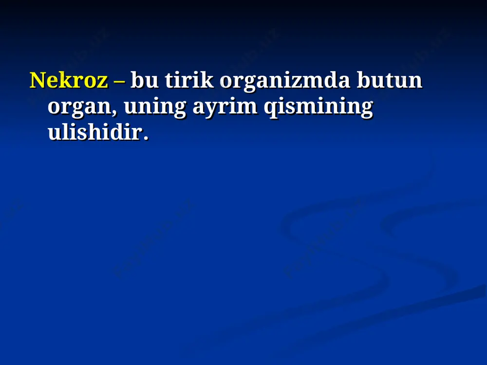organlar gangrenalarida: arroziv qon ketishlar; kovak organlar perforatsiyasi; infekitsiyaning seroz bushliqlar orqali tarqalishi natijasida oʼlim sodir boʼlishi.. gangrenalar profilaktikasi qon tomir tizimi kasalliklarini o'z vaqtida tashxislash va davolash, uning asoratlari oyoq-qo'llarning gangrenasi. doimiy konservativ himoya terapiyasi. ko'rsatkichlarga ko'ra angiojarrohlik bo'limida asosiy qon oqimini rekonstruktsiya qilish. o'z vaqtida shoshilinch angiojarrohlik yordami. jarrohlik infektsiyasining oldini olish. sog'lom turmush tarzini targ'ib qilish (chekishni tashlash). yotoq yara (decubitus) – gavdaning uz massasi bosishi sababli teri yoki shillik parda vat yeri osti tukimalarining nekrozga uchrashidir. yotoq yaralarning asosiy sababi – bemorni yaxshi parvarish qilmaslik! yatrogenik kasalliklar (tibbiy muolajalarning asoratlari sifatida) traxeyaning yotiq joylari, bu erda uzoq muddat endotraxeal naycha yotadi; qizilo'ngachning uzoq vaqt davomida yotib qolishidan kelib chiqadigan bosim; shamollatish trubkasida uzoq vaqt qolishdan kelib chiqqan rektumning yaralari; bemor qo'zg'algandan so'ng doimiy ravishda to'shakka o'rnatilganda (to'qilgan) tananing ostki qismidagi bosim; sun'iy asboblar, gips idishlar, drenajlar va boshqalar bosimi bilan yotoq yaralarning bochqichlari ishemiya bosqichi: yuzaki …