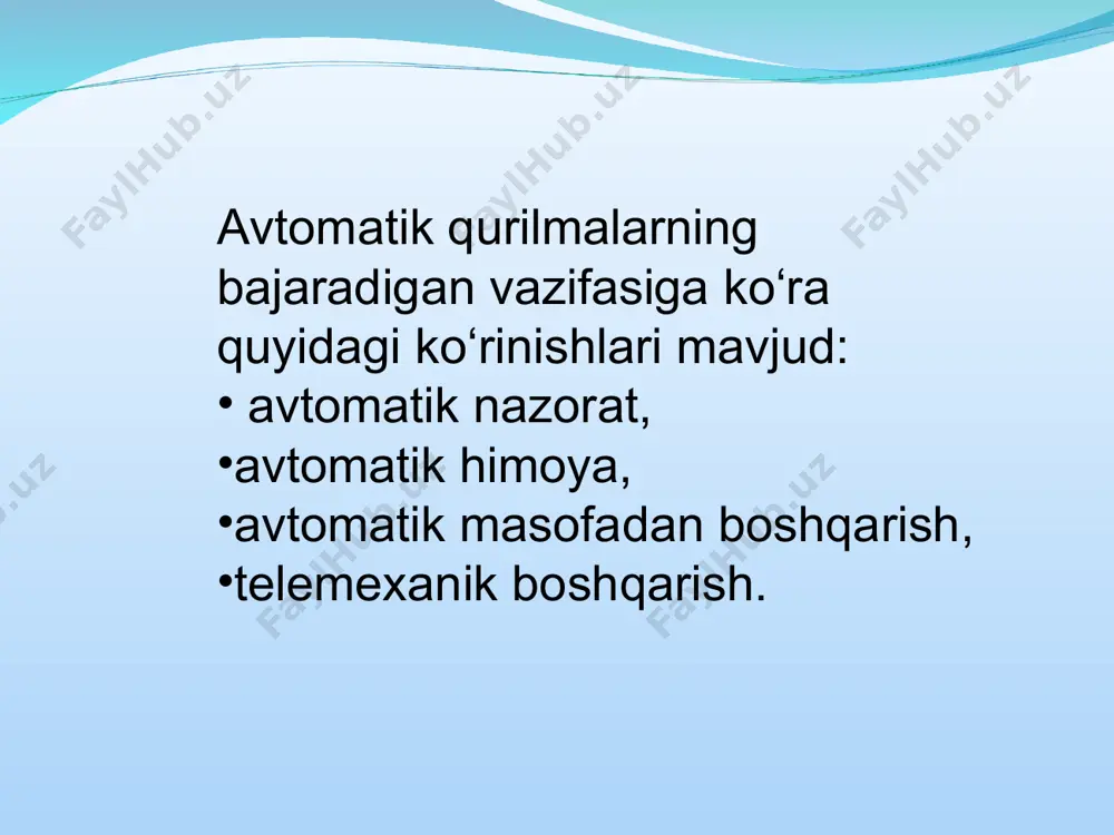 lab chiqarish jarayonini to‘xtatadi. avtomatik himoya sistemasi avtomatik boshqarish va ogohlantiruvchi signal sistemalari bilan chambarchas bog‘langan. u texnologik jarayon va boshqarish organlariga ta’sir ko‘rsatidi. releli himoyalanish, rele vositasida qurilgan bo‘lib, bir qator energiya turlari yordamida ishlaydigan uskunalarda qo‘llaniladi. avtoblokirovka qurilmasi, asosan uskunalarni noto‘g‘ri o‘chirib-yoqish vaqtida ishga tushadi. boshqarish – berilgan algoritm funkisyalarining to‘g‘ri ishlashini ta’minlaydi. algorit – kompyuterlarning maxsus tili bo‘lib, dastur asosida boshqariladigan dastgohlarga perforkarta yoki perfolentalar yordami texnologik jarayonlar ketma-ketligi kiritiladi. dastgohlar berilgan algorit asosida texnologik jarayonlar ketma-ketligini bajarib boradi. masofaviy boshqarish ish joyida inson ishlashi xavfli bo‘lgan vaziyatlar yoki boshqa hollarda uskunalar masofadan boshqariladi. ishchi uskunalarga buyruqlar biror vosita yordamida yoki energiya ko‘rinishida uzatiladi. masalan, elektr energiyasi, yorug‘lik, issiqlik, to‘lqin va hokazo. avtomatik boshqarish texnik uskunalar to‘liqini o‘zida mujassamlashtirib, ishchi-xodimning ishtirokisiz texnologik jarayonni boshqaradi, ishchi uskunalarni ishga tushirib o‘chiradi, ish jarayonining xavfsiz borishini, texnologik jarayonning barcha parametrlari to‘g‘ri ishlashini ta’minlaydi. maksad: talabalarni avtomatik boshqarish tizimlarining turlari bilan …