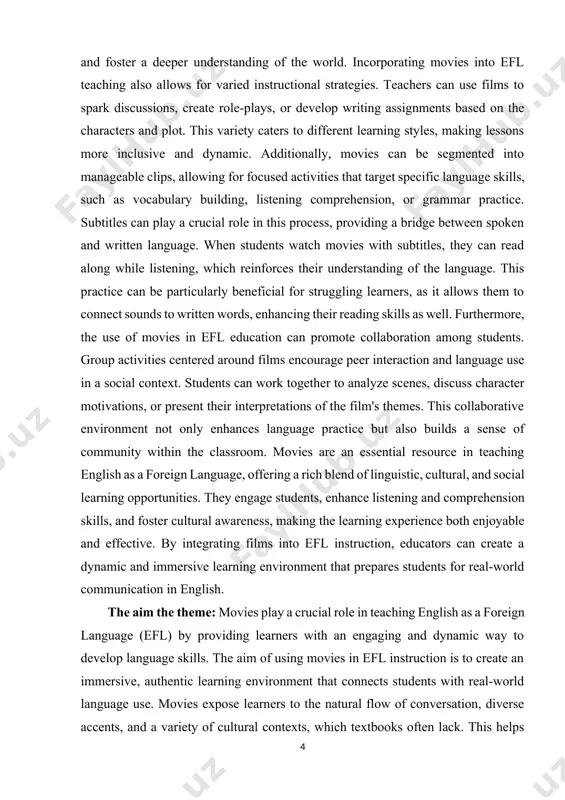 ing language acquisition and cultural understanding in a manner that traditional textbooks or static instructional methods may not. while previous studies have acknowledged the value of multimedia in education, the novelty of this topic emerges in its in-depth analysis of films as a central pedagogical instrument in efl classrooms, focusing not just on language learning but also on the emotional, psychological, and social aspects of the learning process. the theoretical and practical value:the theoretical and practical value of using movies in teaching english as a foreign language (efl) is significant, offering unique opportunities for both enhancing language acquisition and fostering deeper cultural understanding. the integration of films into language teaching not only supports traditional pedagogical methods but also introduces innovative approaches to improving student engagement, fluency, and comprehension. by examining both the theoretical underpinnings and the practical applications, the importance of movies in efl education becomes evident. ii. main part …