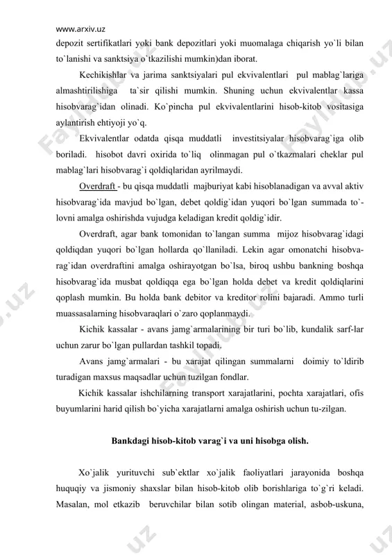 ing yuqori tashkiloti bilan va h.k. hisob-kitob, asosan, naqd pulsiz, bank orqali, ba`zida esa barter asosida amalga oshiriladi. korxonaning umumiy pul muomalasida mustaqil qatnashuvi-ning asosiy sharti uning bankda hisob-kitob hisobvarag`iga bo`lishidir. bu hi-sobvaraq xo`jalik yurituvchi sub`ektlarga pul mablag`larini saqlash va hisob-kitob olib borish uchun ochiladi. hisob-kitob muomalalarini olib borish qoidalari bank tomonidan amaldagi qonunchilikka muvofiq belgilanadi. хo`jalik sub`ektlari o`rtasidagi hisob-kitobni to`g`ri tashkil qilish pul mablag`laridan maqsadga muvofiq ravishda foydalanishda muhim ahamiyatga ega. hisob-kitob muomalalarining samaradorligi ko`p jihatdan ularni hisobga olishni to`g`ri va ratsional tashkil qilishga bog`liq. quyidagilar bu muomalalarni hisobga olishning asosiy vazifalari hisoblanadi: hisob-kitob muomalalalarini to`la va o`z vaqtida hisobga olish. pul mablag`larining harakati bilan bog`liq muomalalarni o`z vaqtida hisobga olish va nazorat qilish. hisob-kitob to`lov intizomiga rioya qilinishi ustidan nazorat olib borish. hisob-kitob raqamidan pul mablag`larini boshqa hisob-kitob hisob-varaqlariga o`tkazib qo`yish yo`li bilan naqd pulsiz hisob-kitob ishlari olib bo-riladi. hisob-kitob raqamidagi pul mablag`larining sarflanishi yoki o`tkazilishi uning egasi, …