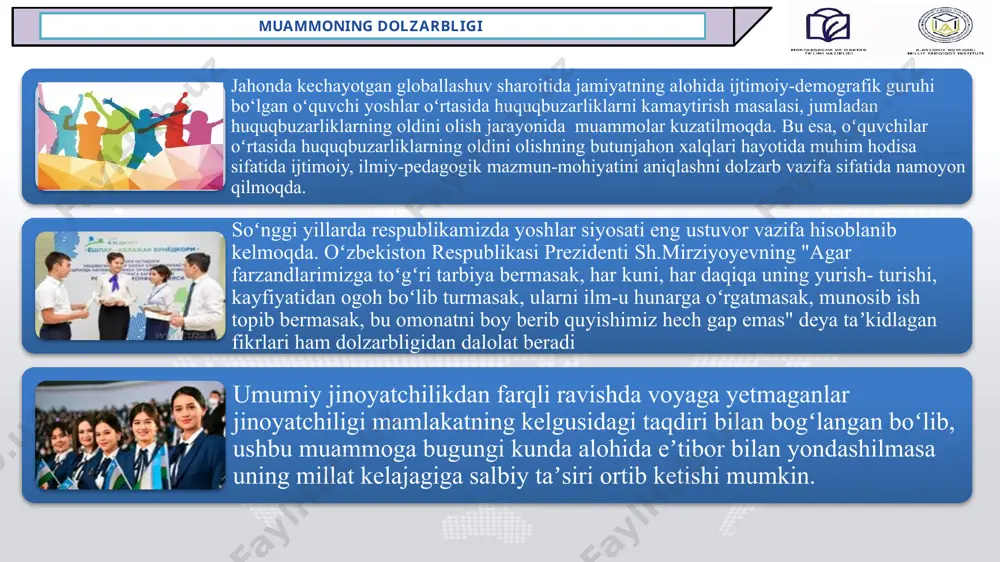 aprobatsiyadan o‘tkazish va shu asosida amaliy tavsiyalar ishlab chiqish; yoshlar yetkachisi, amaliyotchi psixolog va sinfrahbarlari 2025-yil mart-aprel yoshlar orasida jinoyatchilik va huquqbuzarlikka moyillarni tarbiyalash bo‘yicha amaliy tavsiyalar ishlab chiqiladi va amaliyotga joriy etiladi 2. yangi ijtimoiy texnologiyalarni, ijtimoiy huquqiy tuzilmalar va nodavlat tuzilmalarni tatbiq etish direktor o‘rinbosari, yoshlar yetakchisi va psixologlar 2025-yil yanvar-dekabr 3. voyaga yetmaganlar huquqbuzarliklarini oldini olish tizimida tashkiliy va muvofiqlashtiruvchi ahamiyatga ega bo‘lgan maxsus sudlarni tashkil etish; ta’lim muassasasi direktori, direktor o’rinbosarlari hamkorlik tashkilotlarining mas’ul shaxslari 2025-yil yanvar-dekabr 4. profilaktika maxsus sub’ektlarini tashkil etish ta’lim muassasasi direktori, hamkorlik tashkilotlari mas’ullari 2025-yil iyul 5. iib organlari tuzilmasida ham ularga odatiy vazifalar bilan bir qatorda gumanistik vazifalarni ham yuklash. ta’lim muassasasi direktori, hamkorlik tashkilotlari mas’ullari 2025-yil yanvar-dekabr лист3 4. huquqbuzarliklarning sodir etilishi sabablarini va ularga imkon berayotgan shart-sharoitlarni aniqlash 1.voyaga yetmaganlar jinoyatchiligini oldini olish bo‘yicha davlat va nodavlat sub’ektlarning faoliyatini takomillashtirish ta’lim muassasasi direktori, nodavlat sub’ektlarining mas’ullari 2024-yil yanvar-dekabr …