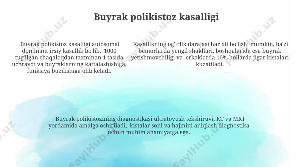 yuk va kontrast vositalariga allergiya xavfini o'z ichiga oladi, aniqlik darajasi taxminan 85%. buyrak agenesiyasi ultratovush tekshiruvi buyrak agenezisini tashxislashning asosiy usuli hisoblanadi va bu usul orqali buyraklarning yoʻqligi yoki gipo-plaziyasi (rivojlanmaganligi) aniqlanadi, bu esa diagnostika jarayonida muhim ahamiyatga ega. buyrak agenezisi ikki tomonlama boʻlganda, embrional rivojlanishning 10-haftasida buyraklarning yoʻqligi aniqlanadi va bu holat tugʻma anomaliyalar orasida juda kam uchraydi, taxminan 1:4000 tugʻilishda kuzatiladi. buyrak agenezisi ikki tomonlama boʻlganda, embrional rivojlanishning 10-haftasida buyraklarning yoʻqligi aniqlanadi va bu holat tugʻma anomaliyalar orasida juda kam uchraydi, taxminan 1:4000 tugʻilishda kuzatiladi. murakkab holatlar murakkab buyrak anomaliyalari, masalan, buyrak atreziyasi va ektopik buyrak birgalikda uchrashi mumkin, bu holatlarning taxminan 5% ini tashkil etadi va diagnostik jihatdan murakkabroqdir. buyrak anomaliyalarining 10-15% gacha bo'lgan qismi bir nechta turdagi nuqsonlar bilan murakkablashadi, masalan, podkovka buyrak va gidronefroz birgalikda kuzatiladi. multisistemli anomaliyalar bilan bog'liq murakkab holatlarda, masalan, vater sindromi bilan birga uchraydigan buyrak anomaliyalari, diagnostika va davolash rejasi …