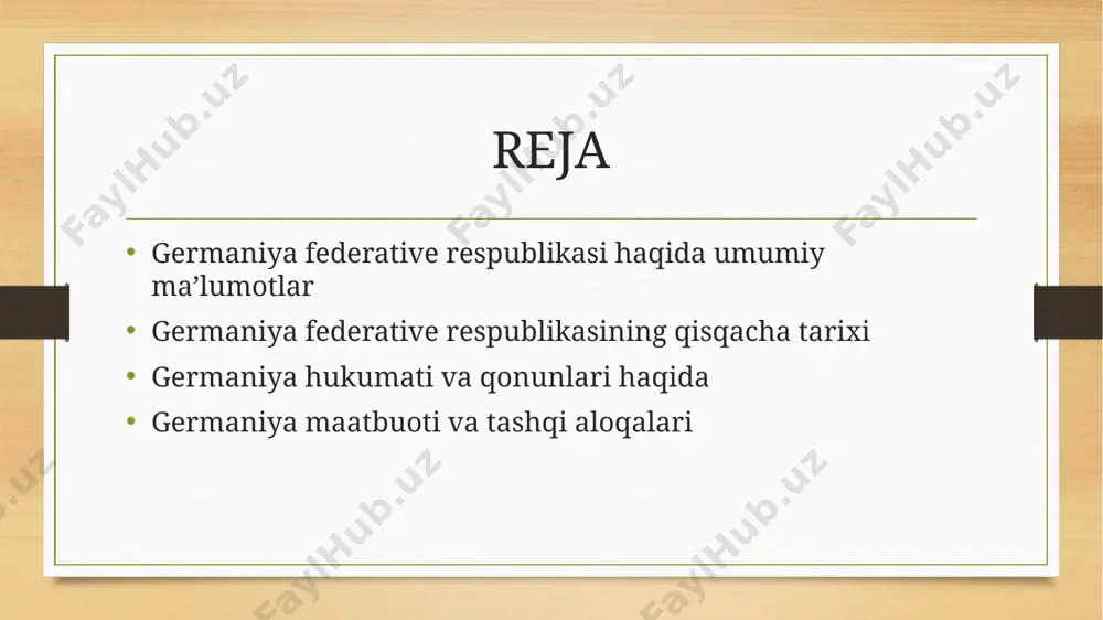 xavfsizlik kengashining doimiy bo'lmagan a'zosi edi. germaniya federativ respublikasi oltinchi marotaba dunyoda tinchlik va xavfsizlik uchun alohida mas'uliyatni o'z zimmasiga oldi va xalqaro tartibni mustahkamlash uchun harakat qildi – ushbu ishni germaniya ko'p qirrali tartib va yuragi bo´lmish birlashgan millatlar tashkiloti bilan juda katta bosimga duch kelgan paytlarda amalga oshirdi. germaniya – matbuot vatani. shu mamlakatda ilk bor bosma dastgoh ixtiro qilingan. iogan gutenbergning xv asrdagi kashfiyoti jahon taraqqiyotini bir necha asr ilgariga boshladi. ushbu zaminda dastlabki ko‘p adadli gazetalar dunyo yuzini ko‘rdi, birinchilardan bo‘lib "to‘rtinchi hokimiyat" maqomiga ega bo‘lgan, demokratik tamoyillarga asoslangan erkin jurnalistika shakllandi. e`tiboringiz uchun rahmat! image15.jpg image16.jpg image17.jpg image18.jpg image19.jpg image20.jpg image21.jpg image22.jpg image23.jpg image24.jpg image25.jpg image26.jpg image27.jpg image28.jpg image29.jpg image30.jpg image31.jpg image32.jpg image33.jpg image2.png image3.png image4.png image5.png image8.png image9.png image1.jpeg /docprops/thumbnail.jpeg