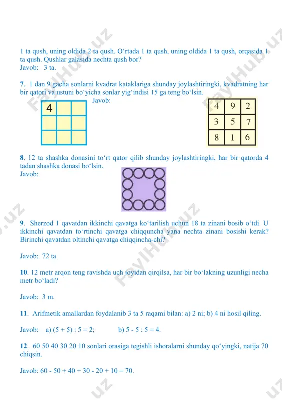 si 8:2 = 4 (m); birinchidan to‘qqizinchigacha 4 •8 = 32 (m). 30. qafasdagi 4 ta qush 4 ta bolaga bo‘lib berilsada, 1 ta qush qafasda qolishi mumkinmi? javob: 3 ta bolaga bittadan qush beriladi. to‘rtinchi bolaga qolgan 1 ta qush qafasi bilan birgalikda beriladi. 31. bir sutka davomida soatning minut mili soat mili bilan necha marta ustma-ust tushadi? bir sutkada ular necha marta o‘zaro to‘g‘ri burchak hosil qiladi? javob: minut mili soat mili bilan 24 marta ustma-ust tushadi. minut mili bir marta to‘liq aylanishida soat miliga nisbatan 2 marta to‘g‘ri burchakda bo‘lgani uchun bir sutkada - 24•2 = 48 marta o‘zaro to‘g‘ri burchak hosil qiladi. 32. 5 ta 2 soni orasiga to‘rt amal ishorasining har biridan bittadan shunday qo‘yingki, natijada 2 soni hosil bo‘lsin. javob: 2•2:2 + 2- 2 = 2 33. 10 ta cho‘pdan necha xil to‘g‘ri to‘rtburchak yasay olasiz? javob: 34. tarozining bir pallasida 12 ta shaftoli, …