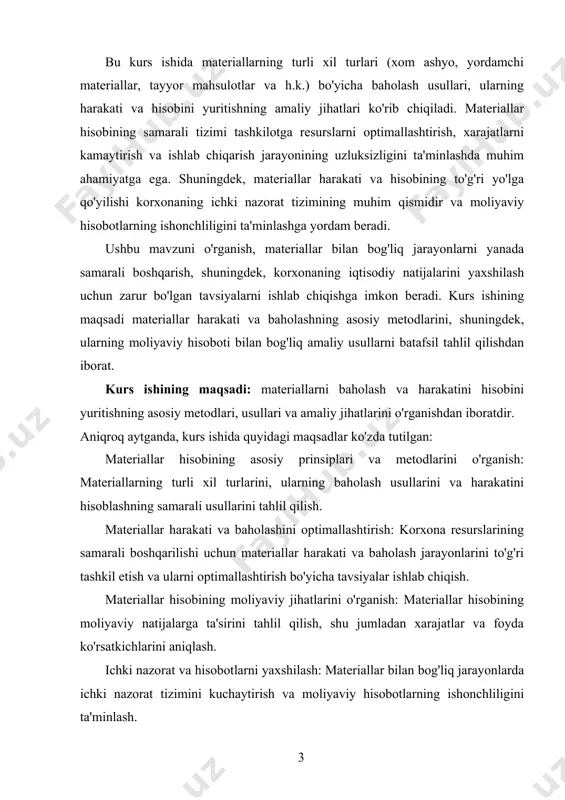 higa oladi. bunga quyidagilar kiradi: material resurslarining turli turlari: xom ashyo, yordamchi materiallar, tayyor mahsulotlar va boshqa materiallar, ularning baholash va harakatini hisobga olish jarayonlari. materiallarning xarid qilish va ishlatish jarayonlari: materiallar omboriga kirishi, saqlanishi va ishlab chiqarish jarayoniga kiritilishi. materiallar harakatining hujjatli rasmiylashtirilishi: materiallar harakatini nazorat qilish va tasdiqlash uchun zarur bo'lgan hujjatlar, inventarizatsiya va materiallar bo'yicha hisobotlar. materiallar hisobining metodologiyasi va usullari: materiallarning qiymatini belgilash, ularning xarajatlarini hisoblash, debet va kredit yozuvlari orqali moliyaviy natijalarni qayd etish usullari. kurs ishining vazifalari: ushbu ob'ektlar orqali materiallar bilan bog'liq jarayonlarning to'g'ri va samarali boshqarilishi, moliyaviy hisoboti va tavsiyalar ishlab chiqilishi o'rganiladi. 1.materiallarni baholash usullarini o'rganish: materiallarning turli turlarini baholashda qo'llaniladigan asosiy metodlar va usullarni tahlil qilish, ularning samaradorligini baholash. 2.materiallar harakatini hisoblash jarayonlarini o'rganish: materiallarning harakatini, ya'ni ularning kirish, chiqish, saqlash va sarflanish jarayonlarini to'g'ri hisoblash va rasmiylashtirishni tahlil qilish. 3.materiallar bilan bog'liq hujjatlarni tahlil qilish: materiallar harakati bilan bog'liq …