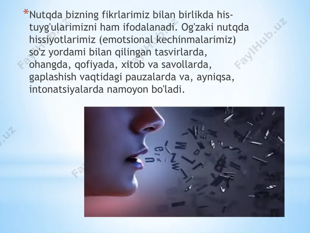 ud bo`lish shaklidir. v.a.artyomov raxbarligidagi laboratoriyada nutq akustikasini o`rganadigan metodikalar va apparaturalar ishlab chiqildi. ohang va jumlani talaffuz qilishni o`rganish uchun elektrodinamik rekorder, -nutq tovushlarini avtomatik tahlil qiluvchi- spektograf, -artikulyatsiyani yozib oluvchi rentgenografikqurilma shular jumlasidandir. eksperimental tadqiqot uchun akustik hodisalar - ohang, tovush, 155 fonema va bo`g`inlar ham qamrab olindi. tajribalar: 1-tajriba. ―tushunchalarni ta ‘riflash metodikasi. ko'rsatma: ―oldingda har xil so‘zlar to’plami turibdi. tasavvur qil, sen ushbu so’zlaming birortasini ham qanday ma‘noni anglatishini bilmaydigan kishi biian uchrashib qolding. sen bu kishiga har qaysi so’z nimani anglatishini tushuntirishing lozim, masalan velosiped so’zini olaylik. sen shu so’zni qanday izohlar eding? shu tarzda bolaga quyidagi misoldagi 5 ta to'plamdan olingan so’zlarga ketma-ketlikda aniqlik kiritishi aytiladi. masalan: avtomobil, mix, gazeta, tanga, qahramon, bog'lanmoq, aylanmoq. har bir berilgan to‘g’ri javob uchun bola 1 baldan qo‘lga kiritadi. har bir so‘zni ta‘riflash uchun 30 soniyadan vaqt beriladi. agar bu vaqt ichida bola berilgan so‘zni ta‘riflay olsa, tadqiqotchi …