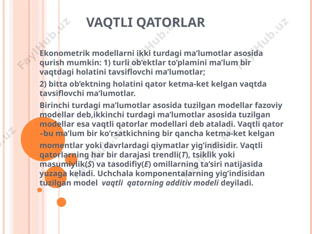 itsienti qator darajalari bo’yicha hisoblangan mos koeffitsientlardan yuqori bo’ladi. vaqtli qatorda chiziqli bo’lmagan tendentsiya qanchalik kuchli bo’lsa, olingan koeffitsientlar shunchalik yuqori darajada farqlanadi.alohida vaqtli qatorlarni ekonometrik tadqiq qilish – yuqorida olingan ma’lumotlarni qatorning kelajakdagi qiymatlarini bashoratlash uchun yoki ikki va undan ko’p davriy qatorlarning o’zaro bog’langan modellarini tuzishda qo’llash uchun komponentalarning har biriga miqdoriy ifodalarni (qiymatlarni) aniqlash va berishdan iborat. agar qator chiziqli bo’lmagan tendentsiyaga ega bo’lsa, eng yaxshi tenglamani trendni asosiy shakllarini saralash, har bir tenglama uchun tuzatilgan determinatsiya koeffitsienti ni hisoblash va maksimum qiymatga ega bo’lgan tuzatilgan determinatsiya koeffitsientli tenglamani tanlash yo’llari bilan tanlab olish mumkin. bundan tashqari vaqtli qatorlar iqtisodiy prognozlashtirishda ham qo’llaniladi ,iqtisodiy jarayonlar dinamik miqdoriy baholashda mutloq qo’shimcha o’sish (kamayish), o’sish (kamayish) sur’ati va qo’shimcha o’sish (kamayish) sur’ati kabi statistik ko’rsatkichlardan foydalaniladi. ular bazisli, zanjirli va o’rtacha ko’rsatkichlardan iborat bo’ladi. mavsumiy va tsiklik tebranishlarni modellashtirish vaqtli qatorning additiv va multiplikativ modeli. mavsumiy yoki tsiklik tebranishga …