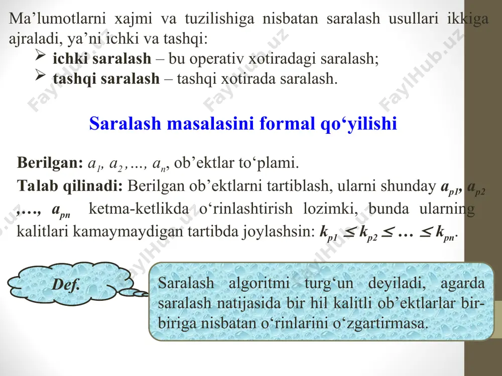 lmashtitish bolmasa, false qiymat oladi. quyida kerakli qo’shimchalar kursiv bilan ko’rsatilgan: fl=true for i=2 to n if fl=false then return endif fl=false for j=n to i step -1 if a(j)<a(j-1) then fl=true x=a(j-1) a(j-1)=a(j) a(j)= endif next j next i return i. 5-mavzu bo‘yicha nazorat savollari 1. saralash deganda nima tushiniladi? 2. saralashning vazifasi nimadan iborat? 3. saralashning maqsadi nimadan iborat? 4. qo‘yish orqali saralashning g‘oyasini tushuntirib bering? 5. tanlash orqali saralash tushunchasi? 6. pufaksimon saralash nima? *