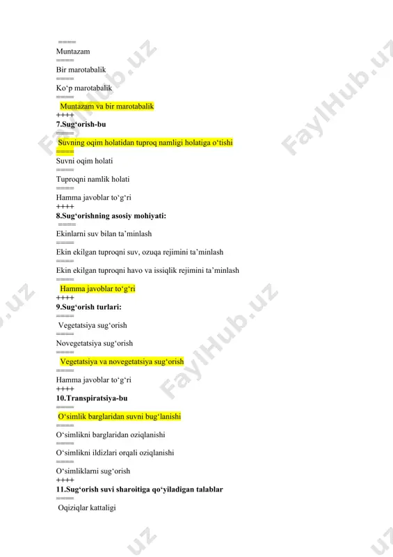 ng mineralizatsiyasi ==== suvning tempraturasi ==== hamma javoblar to‘g‘ri ++++ 12.sug‘orish tizimi-bu ==== sug‘orish manbasi ==== sug‘oriladigan yerlar ==== gidrotexnik inshootlar majmui ==== hamma javoblar to‘g‘ri ++++ 13.sug‘orish tizimining asosiy elementlari: ==== sug‘orish marbasi,suv olish inshooti ==== sug‘orish va kollektor- zovur tarmoqlari ==== sug‘oriladigan yerlar,gidrotexnik inshootlar ==== hamma javoblar to‘g‘ri ++++ 14.sug‘orish manbalari ==== daryolar, ko‘lllar,suv omborlari ==== kanallar ==== zovurlar ==== kollektorlar ++++ 15.magistral kanal qanday qismlarga bo‘linadi. ==== ishchi ==== salt ==== faolsiz ==== ishchi va faolsiz ++++ 16.sug‘orish tarmoqlarining turlari: ==== xo‘jaliklararo ==== xo‘jalik ==== xo‘jalik ishchi ==== hamma javoblar to‘g‘ri ++++ 17.suv iste’moli-bu : ==== ekin maydoniga beriladigan suv miqdori ==== rejalashtirilayotgan hosilni olish uchun qishloq xo‘jalik ekini iste’mol qiladigan suv miqdori ==== ekin maydonidagi yog‘in miqdori ==== ekin maydonidagi bug‘lanish miqdori ++++ 18.suv iste’molini aniqlashning usullari: ==== to‘g‘ridan-to‘g‘ri dalada o‘lchash ==== analog ==== emprik hisobiy ==== hamma javoblar to‘g‘ri ++++ 19.sug‘orish rejimi deb nimaga aytiladi? …