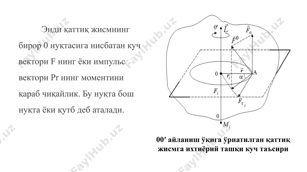ташқи кучнинг шу ўққа нисбатан натижавий куч моментига тенг бўлади. ифода қаттиқ жисм айланма ҳаракати динамикасининг асосий тенгламасидир, у f=ma тенгламага ўхшаш бўлгани учун баъзан уни қаттиқ жисм айланма ҳаракати учун ньютоннинг иккинчи қонуни деб аталади. агар айланиш ўқига эга бўлган жисмга ташқи кучлар таъсир қилмаса бу ифода импульс моментининг сақланиш қонунидир. айланиш ўқига эга бўлган қаттиқ жисмга ташқи кучлар таъсир этмаса ёки уларнинг айланиш ўқига нисбатан куч моменти нолга тенг бўлса, қаттиқ жисмнинг айланиш ўқига нисбатан импульс моменти миқдор ва йўналиши жиҳатидан ўзгармай қолади. image1.png image2.png image3.png image4.png image5.png image6.png image7.png image8.png image9.png image10.png image11.png image12.png image13.png image14.png image15.png image16.png