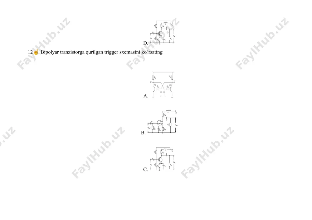 virlangan? a. operatsion kuchaytirgich asosidagi inverterlovchi kuchaytirgich b. operatsion kuchaytirgich asosidagi invertirlamovchi kuchaytirgich c. operatsion kuchaytirgich asosidagi generator d. operatsion kuchaytirgich asosidagi multivibrator 125.☝️quyidagi rasmda qanday qurilmaning sxemasi tasvirlangan? a. mantiq elementlari asosidagi multivibrator b. mantiq elementlari asosidagi bir vibrator c. mantiq elementlari asosidagi trigger d. mantiq elementlari asosidagi generator 126☝️.umumiy emmitterli kuchaytirgichning kuchlanish bo’yicha kuchaytirish koeffitsiyentini aniqlang. a. b. c. d. 127☝️.umumiy emitterli kuchaytirgichning tok bo’yicha kuchaytirish koeffitsiyenti ifodasini aniqlang? a. b. c. d. 128☝️.umumiy emitterli kuchaytirgichning quvvat bo’yicha maksimal kuchaytirish koeffitsiyenti ifodasini aniqlang? a. b. c. d. 129☝️.umumiy emitterli kuchaytirgich ifodasi oldidagi manfiy ishora nimani anglatadi? a. chiqish signali kirish signaliga nisbatan faza bo’yicha 1800 ga siljiganligini b. chiqish signali kirish signaliga nisbatan faza bo’yicha 900 ga siljiganligini c. chiqish signali kirish signaliga nisbatan faza bo’yicha 3600 ga siljiganligini d. chiqish signali kirish signaliga nisbatan faza bo’yicha mos kelishini 130.☝️chiziqli kamayuvchi kuchlanishlar generatorining asosiy qismlari: a. kommutatsiya zanjiri, …