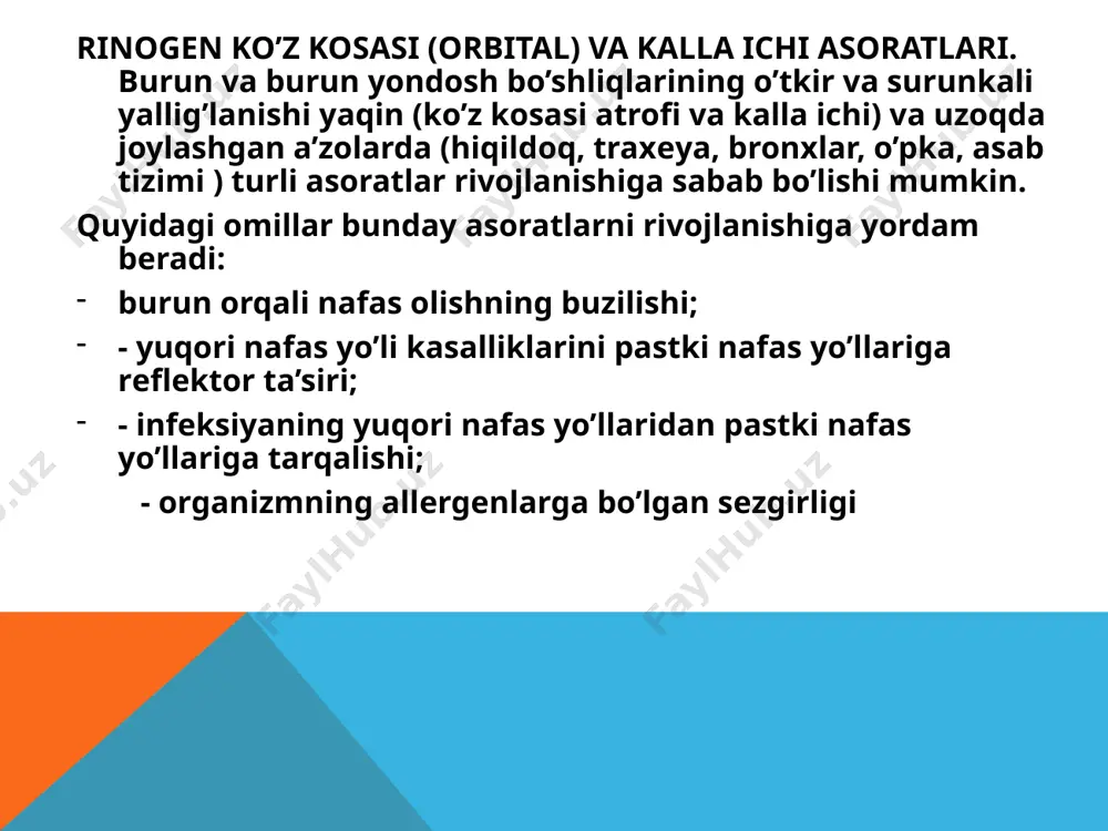arqoq yorqin giperimiya 3.koz kosasi flegmonasi(ekzoftalm,koz olmasi xarakatsiz,koz yorigi koz kosasining barcha soxasi buylab qip-qizil,shishgan qovoq tuqmasi bilan yopilgan) 4.koruv nervi nevriti(korishni avj oluvchi pasayishi) 5.koz kosasi osteomieliti ko’z qovoqi ho’ppozi. yuqori ko’z qovog’ining ho’ppozi ko’pincha frontitda, pastki ko’z qovog’ining ho’ppozi gaymoritda rivojlanadi. bemorning qovoqlari shishib, qizaradi, ko’zlari harakatsiz qovoqlar bilan yopiladi. ko’z qovog’i ko’tarilganda uning shilliq pardasi shishgan va qizarganligi ko’rinadi. bemorning ko’zi og’riydi, ko’z qovoqlariga qo’l tekkizganda yoki ko’z olmasi harakatlanganda og’riq kuchayadi. ekzoftalm kuzatilmaydi, ko’z olmasining harakati to’liq saqlanadi. ko’z qovog’i ho’ppozi gematogen yo’l orqali yoki yiring burun yondosh bo’shlig’i old devorini emirganda paydo bo’lishi mumkin. agar burun yondosh bo’shliqlari old devori emirilishi natijasida ko’z qovog’i ho’ppozi paydo bo’lgan bo’lsa, u o’z-o’zidan yoki jarrohlik amali yordamida ochilgandan so’ng hosil bo’lgan oqma burun bo’shlig’ini surunkali yiringli (polipozli-yiringli) yallig’lanishi borligidan dalolat beradi o’tkir frontit ( frontitis acuta ) - peshona bo’shlig’ining o’tkir yallig’lanishi. o’tkir gaymoritni rivojlanishiga sabab bo’lgan barcha …
