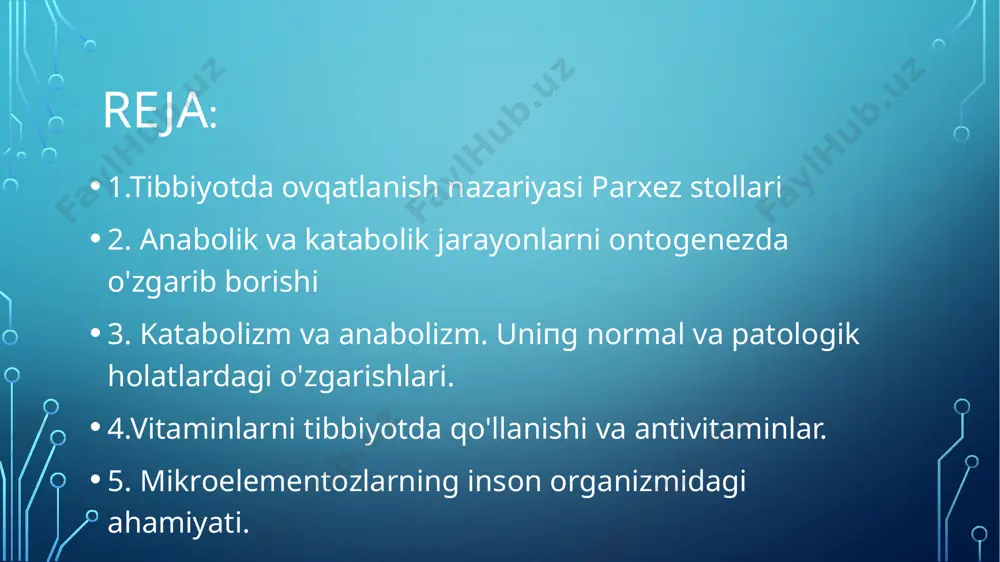 alanishi. katta miqdorda anabolizm: masalan, akromegaliya (gipofiz bezining ortiqcha faoliyati) natijasida ortiqcha o'sish. akromegaliya normal 4. vitaminlar va antivitaminlar vitaminlar — organizmning normal ishlashi uchun zarur bo'lgan, lekin o'z-o'zidan ishlab chiqarilmaydigan organik moddalar. ular oziq moddalar bilan birga organizmga kiradi va turli fiziologik jarayonlarda ishtirok etadi. antivitaminlar — vitaminlarning ta'sirini bloklovchi yoki ularning faoliyatini pasaytiruvchi moddalar. ular vitaminlar bilan raqobatlashib, ularning organizmdagi samaradorligini kamaytiradi. misollar: vitamin a: ko'zning qorong'u ko'rishiga yordam beradi. vitamin c: immun tizimini mustahkamlaydi. vitamin d: kalsiy va fosforning so'rilishini ta'minlaydi. vitamin b12: qon hujayralarining ishlab chiqarilishida ishtirok etadi. antivitaminlar: kumarin: vitamin k ning faoliyatini bloklaydi. pterin: vitamin b9 ning faoliyatini pasaytiradi. avidin: vitamin b7 ning so'rilishini kamaytiradi. 5. mikroelementlar va ularning ahamiyati mikroelementlar — organizmda juda kichik miqdorda mavjud bo'lgan, lekin hayotiy jarayonlar uchun zarur bo'lgan minerallar. muhim mikroelementlar: temir (fe): qon hujayralarida kislorodni tashish uchun zarur. yod (i): qalqonsimon bezning normal ishlashi uchun muhim. zink …