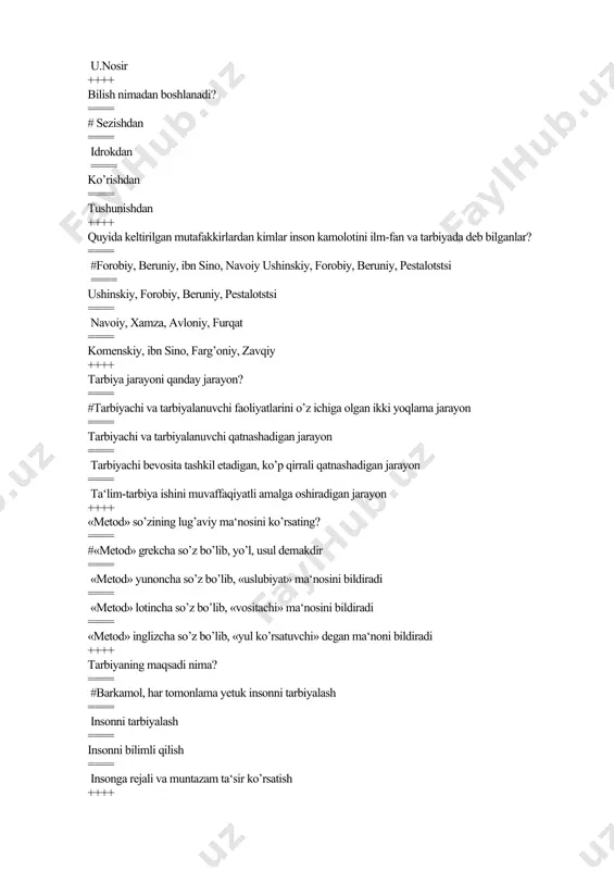 riga oid tushunchalar majmui ==== tabiat haqidagi bilimlar majmui ==== ekologik tarbiya insonni jismoniy va aqliy tarbiyasiga ta‘sir etadi ++++ iqtisodiy tarbiya o’quvchilarda qanday hislatlarni tarkib toptiradi? ==== #tejamkorlik, mehnatsevarlik, tashabbuskorlik, ishbilarmonlik, iqtisodiy xisob-kitob qilish kabilarni ==== umuminsoniy qadriyatlarni, odob, axloq, ishbilarmonlik, kasb odobi kabilarni ==== milliy qadriyatlarni o’rganish asosida o’z-o’zini anglash, vatan taraqqiyoti uchun mehnat qilish ==== vatanga muhabbatni, birgalikda ish yuritishni ++++ ekologik tarbiyaning manbalariga nimalar kiradi? ==== #tabiat, yer suv, havo ==== yer, havo, tuproq ==== tabiat, jamiyat ==== yer, suv ++++ ekologik tarbiyaning vazifasi nimalardan iborat? ==== #tabiat boyliklarini tejab-tergashga, tabiatni muhofaza qilishga o’rgatish ==== yo’qolib borayotgan boyliklarni asrash, yer, suv, havoni tozalash ==== o’simliklar dunyosini asrash, tabiatga munosabat ==== atrof-muhitga ijobiy munosabatni tarbiyalash ++++ mehnat tarbiyasining asosiy maqsadi nima? ==== #bolalar mehnatga nisbatan biror bir munosabatni tarkib toptirish, ularning qobiliyatini rivojlantirish va hayotga amaliy kasb tanlashga tayyorlashdan iborat ==== mehnat ko’nikmalarini shakllantirish, kasb tanlashga o’rgatish, …