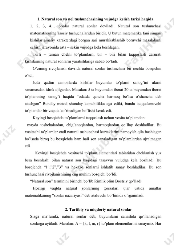 biy va miqdoriy natural sonlar sizga ma’lumki, natural sonlar deb, buyumlarni sanashda qo’llanadigan sonlarga aytiladi. masalan: a = {k, l, m, r} to’plam elementlarini sanaymiz. har bir elementlarni “birinchi”, “ikkinchi”, “uchinchi”, “to’rtinchi” deb tugatamiz, chunki to’plamning hamma elementlari foydalanildi: a to’plam elementlarini sanab, biz a to’plamda to’rtta element bor deymiz, ya’ni bu to’plamning miqdoriy xarakteristikasiga ega bo’lamiz. biroq buni hosil qilish uchun tartibiy natural sonlar “birinchi”, “ikkinchi”, “uchinchi”, “to’rtinchi”dan foydalaniladi. ta’rif. natural qatorning na kesmasi deb a natural sondan katta bo’lmagan natural sonlar to’plamiga aytiladi. masalan: n4 kesma 1, 2, 3, 4 natural sonlar to’plamining o’zidir. tariffan kelib chidadiki natural qatorning na kesmasi bo’lgan barcha x sonlaridan tashkil topadi. bundan tashqari ixtiyoriy na a ni o’z ichida saqlaydi. natural qator kesmasini kiritilgan ta’rifi fo’plam elementlari sanog’i tushunchasini aniqlashtirish imkonini beradi. biroq to’plam elementlarini sanash jarayonida bu to’plamning har bir elementiga n4 kesmadan yagona son qo’yilgan edi, yani a to’plam bilan …