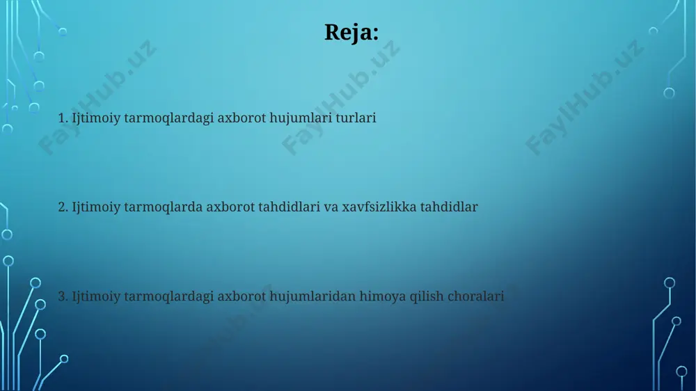 llar oralig'ida kiber-zo'ravonlik va tahqirlash bilan bog'liq 150 ga yaqin sud jarayoni bo'lib o'tgan, ulardan 80% ayollarga nisbatan sodir etilgan. firibgarlik va aldov sxemalari instagram va facebook kabi platformalarda soxta hisoblar orqali amalga oshiriladigan romantik firibgarliklar natijasida toshkent shahrida 2023-yilning birinchi choragida 5 million so'mdan ortiq mablag' o'g'irlangan. telegram kanallarida kriptovalyuta investitsiyasi taklif qiluvchi firibgarlarning faoliyati natijasida samarqand viloyatida 20 dan ortiq fuqaro 1000 aqsh dollaridan ko'proq miqdorda zarar ko'rgan. terrorizm va ekstremizm targ'iboti markaziy osiyo mamlakatlarida 1000 dan ortiq radikal guruh a’zolari ijtimoiy tarmoqlar orqali radikal fikrlarni yoyish va yangi a’zolarni jalb qilish bilan shugʻullanmoqda. ijtimoiy tarmoqlarda 2022-yilda oʻzbekiston hududida 300 dan ortiq terrorizm va ekstremizmga oid kontent aniqlangan boʻlib, ularning aksariyati "telegram" orqali tarqalgan. mish-mish va yolg'on axborot tarqalishi toshkent shahri va samarqand viloyatida o'tkazilgan tadqiqotlar shuni ko'rsatdiki, yosh avlodning 45%i mish-mish va yolg'on axborotlarga moyil bo'lib, ularning manbasini tekshirmasdan tarqatishadi. 2022-yilda o'zbekistonda tarqalgan yolg'on axborotlarning 70%i ijtimoiy …