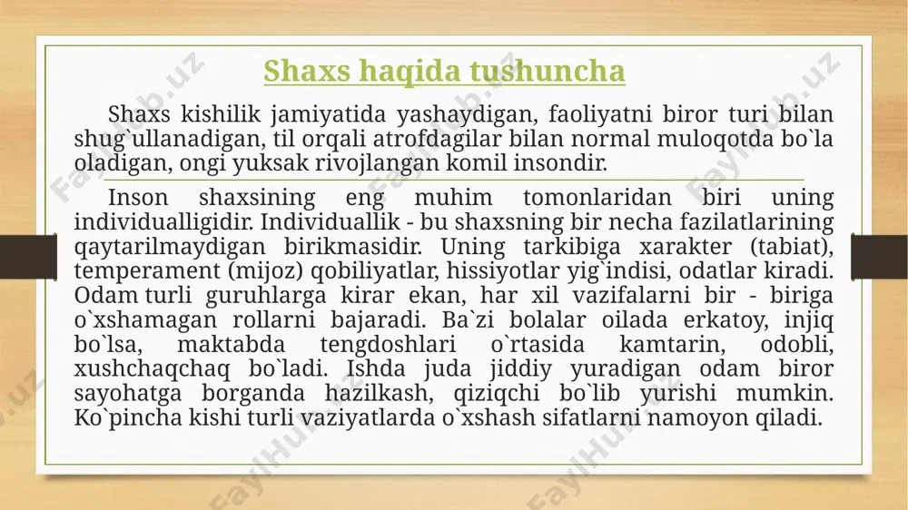 lgan motivlar bo`lishi mumkin. motivlar anglanilgan va anglanilmagan bo`lishi mumkin. anglanilmagan motivda odam nimanidir istaydi, ammo o`sha narsa nimaligini tasavvur qila olmaydi motivlar inson shaxsi xulq - atvorini va turli faoliyatlarini harakatga keltiruvchi sabablardir. xatti - harakatlarning muhim motivi e`tiqoddir. etiqod- shaxsni o`z qarashlari, tamoyillari, dunyoqarashlariga mos ravishda harakat qilishga undovchi anglanilgan ehtiyojlar tizimidir. tilaqlar ham xatti - harakat motivlari bo`lib, bu motivlarda mazkur vaziyatda bevosita bo`lmagan yashash va taraqqiy etish sharoitlarida ehtiyojlar o`z ifodasini topadi. shaxsning shakllanishiga ta`sir qiluvchi omillar jon lokk yangi tug`ilgan bolaning miyasini toza taxtaga o`xshatadi. go`yoki, uning miyasiga kattalar xohlagan narsasini yozishlari mumkin. ular tajribani ikkiga ajratadilar: tashqi va ichki tajriba. yo`nalish tarafdorlarining fikricha, tashqi tajriba - bu moddiy dunyoni narsalarning ta`siridan hosil bo`ladigan bizning sezgilarimizdir. ichki tajriba esa ruxning mustaqil harakatidir. buni refleksiya deb ataydilar. ular tashqi tajriba - sezgilar ichki tajriba-refleksiya bir - biriga bog`liq emas, degan fikrga o`tib ketdilar. ular shaxsning tarkib …