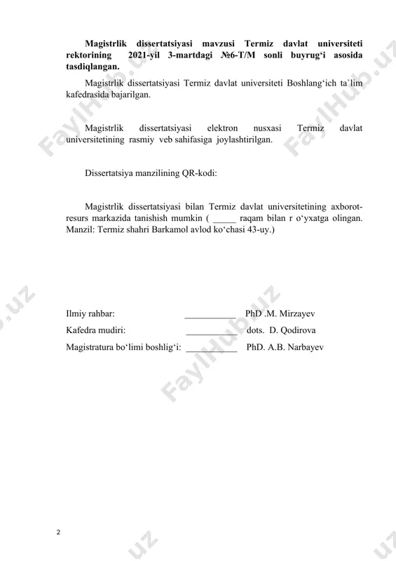 ishlab chiqish orqali uning yaxlit tizimini yaratish. tadqiqot metodlari; ishda taqqoslash, empirik tekshirish, pedagogik kuzatuv, interfaol, anketa, so‘rovlari, savol-javob, suhbat mеtodlaridan foydalanildi. olingan natijalar va ularning yangiligi; ishda qo‘llanilgan metodik, didaktik yondashuvlar, usullar va nazariy ma’lumotlarning rasmiy manbalardan olinganligi, keltirilgan tahlillar va pedagogik tajriba - sinov ishlari samaradorligining amaliyotda joriy etilganligi, olingan natijalarining vakolatli tuzilmalar tomonidan tasdiqlanganligi bilan izohlanadi. tadqiqotning ilmiy bazasi, tadqiqot metodologiyasi va uning metodlari, nazariy konsepsiyalarning komplektliligi va muvofiqligi darajasi, yangi natijalarni olish va yangi muammolarni qо‘yish, shuningdek, taklif etilgan tizim samaradorligini kо‘rsatgan tajriba - eksperimental ishlar kengligi, tanlanmalarning yetarli reprezentativligi, olingan materiallarning tabiiy qayta ishlanganligi kabi omillar bilan ta’minlanadi. amaliy ahamiyati; o`quvchilarini ma`naviy tafakkurini tarbiyalash usullari xalqaro baxolash dasturlari mazmunini amaliy tatbiq etilishi boshlang‘ich sinf о‘quvchilari bilish faoliyatining о‘zbekiston respublikasining xalq ta’limi sohasidagi davlat standartlari asoslariga muvofiqligini ta’minlashga imkon yaratadi. о‘quv jarayonining ishlab chiqilgan modeli bunday о‘quv jarayonini tashkil etishga qulaylik yaratadi, unda eng avvalo boshlang`ich …