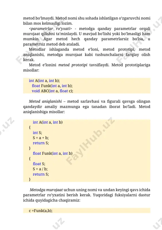 a, int b); void abc(int a, float c); metod aniqlanishi – metod sarlavhasi va figurali qavsga olingan qandaydir amaliy mazmunga ega tanadan iborat bo’ladi. metod aniqlanishiga misollar: int a(int a, int b) { int s; s = a + b; return s; } float funk(int a, int b) { float s; s = a / b; return s; } metodga murojaat uchun uning nomi va undan keyingi qavs ichida parametrlar ro’yxatini berish kerak. yuqoridagi fuksiyalarni dastur ichida quyidagicha chaqiramiz: c =funk(a,b); biz yuqorida metod prototipi, metod aniqlanishi va metodga murojaatni umumiy holat uchun ko’rib chiqdik. ammo c# tili to’liq obyektga yo’naltirilgan til bo’lgani uchun unda metod bilan ishlashda ayrim o’zgarishlar kiritilgan. metod prototipi va metod aniqlanishida qaytaruvchi qiymat oldidan static[footnoteref:1] kalit so’zini yozish talab etiladi. quyidagi misolni ko’raylik: [1: bu kalit so’z haqida keyingi qismda so’z yuritamiz.] 4.1-listing using system; namespace app9_func { internal class program { private static int …