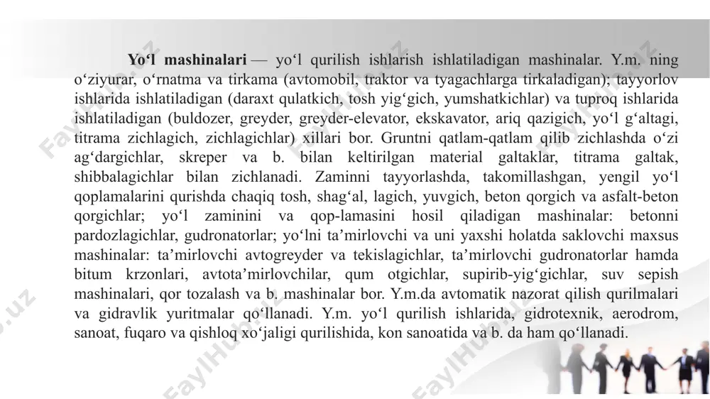 adi. tayyorlash ishlariga karyerlardan yoʻllarni qurish uchun kerak boʻladigan tosh yoki boshqa materiallarni qazib olish va ularga ishlov berish ishlari, shuningdek, beton qorishmalar, yoʻl plitalari, quvurlar, koʻprik konstruksiyalari va b. tayyorlanadigan ixtisoslashtirilgan korxonalardagi ishlar kiradi. qurilish-montaj ishlariga bevosita yoʻl trassasida amalga oshiriladigan ishlar: yoʻl toʻshamasini tayyorlash, sunʼiy inshootlar (tunnel, yoʻl oʻtkazgichlar, koʻpriklar) qurish, yoʻl qoplamasini yotqizish, yoʻl chetini tekislash, nishab va oʻyiqlarni mustahkamlash, yoʻl belgilari, toʻsikdar oʻrnatish va b. y.q.i. yoʻl trassasidagi ish hajmini bir tekisda taqsimlab va kichik yoʻl uchastkasidagi katta hajmdagi ishlar (mas, baland toʻkmalar barpo qilish) ni bajarib amalga oshiriladi. yoʻl qoplamasining xiliga qarab y.q. i. texnologiyasi tur-licha boʻladi. mas, asfalt-beton yotqizishda asosning pastki qatlamiga qum sepib, ustki qalamiga sement qoʻshilgan shagʻal yotqiziladi, ikki qatlam bitum mineral va asfalt-beton aralashmasi yotqiziladi. y.q-i. yoʻl mashinalari yordamida potok usulda bajariladi. yoʻl mashinalari — yoʻl qurilish ishlarish ishlatiladigan mashinalar. y.m. ning oʻziyurar, oʻrnatma va tirkama (avtomobil, traktor va tyagachlarga tirkaladigan); …