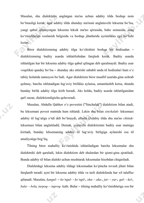 a bor bir leksemaning turlicha talaffuzi; shunga ko‘ra bunday farqlanishlar leksik dialektizm deyilmaydi. 3- §. dialektizm deb belgilanuvchi birlik adabiy tilda (shuningdek boshqa dialektlarda ham) umuman yo‘q bo‘lishi yoki o‘z leksik ma'nosida, leksik ma'nosining tarmoqlanishida, baho semasida va boshqa jihatlarida farq-lanib turishi kerak. leksik dialektizm ikki turli bo‘ladi: a) dialektizm-leksema, b) dialektizm-semema. faqat shu dialektda-gina ishlatilsa-yu, adabiy tilda yo‘q bo‘lsa, dialektizm-leksema deyiladi. bunday leksema lug‘aviy birlik sifatida adabiy til uchun bus-butun yangi, noma'lum bo‘ladi. masalan, xamak-, sapcha-, balacha-, tugunak- (tuynak-) leksemalaridan har biri boshqa-boshqa dialektniki, bulardan birortasi ham adabiy tilga qabul qilinmagan. hozirgacha har bir territoriyada shu predmet o‘z leksemasi bilan anglatiladi. xuddi shuningdek holat narvon-, shoti-, zangi- leksemalariga ham xos. lekin bu misoldagi birinchi leksema, har holda, adabiy tilga olingan deb qaraladi (markaz joylashgan dialektning leksemasi ekanligi bilan izohlansa kerak). demak, dialektlardan biriniki bo‘lgan leksema adabiy tilga xos leksemaga aylanadi, qolganlari dealektizmligicha turadi. dialektga xos leksema adabiy tilga ba'zan …