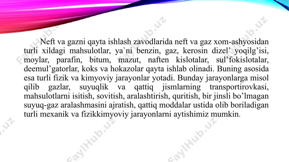 mpressorlar, fil’trlar, tindirgichlar, aralashtirgichlar, sentrifugalar va boshqa apparatlar. issiqlik almashinish jarayonlari uchun: quvurli pechlar, barcha issiqlik almashinish apparatlari. modda almashinish jarayonlari uchun: kolonnali apparatlar – rektifikatsiyalovchi kolonnalar, absorberlar, adsorberlar, desorberlar, ekstraktorlar, kristalizatorlar, quritgichlar va hokazolar. mexanik jarayonlar uchun: maydalash tegirmonlari, presslar, elaklar, aralashtirgichlar va boshqalar. kimyoviy jarayonlar turli reaksion apparatlar, ya`ni reaktorlarda olib boriladi. barcha apparatlar jarayonni tashkil qilish usuliga ko’ra davriy ishlovchi va uzluksiz ishlovchi apparatlarga bo’linadi. uskunalarning asosiy sinflari va ularning tarkibi. ishlab chiqarish sanoatida jihozlarni 5 ta asosiy sinflarga ajratish mumkin. 1. mashina dvigatellari va energiya hosil qiluvchi mashinalar va qurilmalar; 2. ko’tarish va tashish mashinalari va uskunalari; 3. texnologik jihozlar; 4. analitik hisoblash mashinalari va ehm; 5. boshqaruvchi mashinalar. mashinalarda mahsulotga mexanikaviy ta`sir ko’rsatib ularning shakl ko’rinishi, o’lchamlari va ba`zi bir fizikaviy parametrlari o’zgartiriladi. mashinalarda mahsulotga ishlov beruvchi qismi ta`sir ko’rsatuvchi hisoblanadi. texnologik jihozlarning qismlari: 1. elektrodvigatel’; 2. ishlov beruvchi qurilma; 3. bajaruvchi mexanizm-ishlov beruvchi qurilmani …