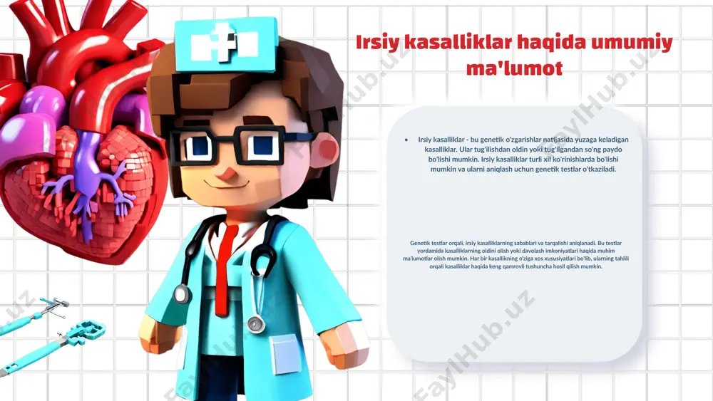 pasaytiradi. irsiy kasalliklar uchun davolash usullari irsiy kasalliklar uchun mavjud davolash usullari quyidagilarni o'z ichiga oladi: dori-darmonlar, gen terapiyasi va innovatsion usullar. dori-darmonlar simptomlarni kamaytirishga yordam beradi, gen terapiyasi esa genetik nuqsonlarni tuzatishga qaratilgan. innovatsion usullar kelajakda yangi imkoniyatlar taqdim etadi. dori-darmonlar odatda simptomni engillashtirishga mo'ljallangan bo'lsa, gen terapiyasi genetik kasalliklarni davolashda yangi yondashuv sifatida paydo bo'lmoqda. har bir usulning samaradorligini baholash uchun klinik tadqiqotlar o'tkaziladi. masalan, gen terapiyasi orqali ba'zi kasalliklarda muvoffaqiyatli natijalarga erishilgan. irsiy kasalliklarni oldini olish strategiyalari irsiy kasalliklarni oldini olish uchun strategiyalar, o'z-o'zini tekshirish va oilaviy tarixni hisobga olish muhim ahamiyatga ega. bu jarayonlar kasalliklarning oldini olishda samarali vositalar hisoblanadi. asosiy strategiyalar: genetik maslahat, skrining testlari va tarqatishning oldini olish usullari, bu orqali irsiy kasalliklarning rivojlanish xavfini kamaytirish mumkin. o'z-o'zini tekshirish jarayonlari: simptomlarni kuzatish, sog'liqni nazorat qilish va mutaxassis bilan maslahatlashish, bu esa erta tashxis qo'yishga yordam beradi. oilaviy tarixni hisobga olish: avlodlararo kasalliklar haqida ma'lumot …