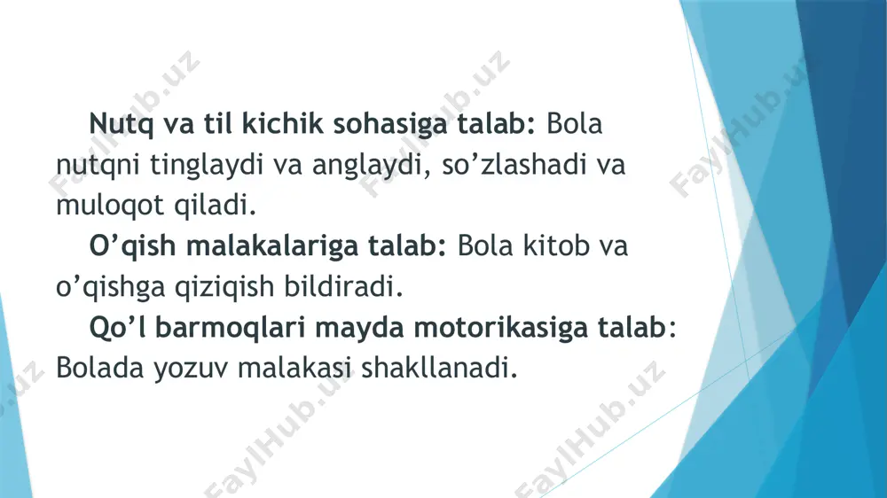 lantirish bo'yicha o'yinlar va mashqlar o'tkaziladi. bolalar bilan ishlashda jumboqlardan foydalanish ularning nutq qobiliyatlarini rivojlantirishga yordam beradi - dalillar va nutq - tavsiflar. isbot qila olish - bu nafaqat to'g'ri, mantiqiy fikrlay bilish, balki o'z fikrini aniq og'zaki shaklda o'rash. nutqni isbotlash uchun nutq burilishlari, grammatik tuzilmalar, maxsus kompozitsiyalar tavsifi va rivoyatlaridan farq qiluvchi maxsus talab etiladi. odatda, maktabgacha yoshdagi bolalar buni nutqlarida ishlatmaydilar, ammo ularning tushunishi va rivojlanishi uchun sharoit yaratish kerak. bolalar yozish malakasiga ega bo‘lishi u­chun avval unda mayda qo‘l motorikasi rivojlangan bo‘lishi lozim. bola qalam yoki ruch­ka ushlaganda yengil va oson bo‘lishi kerak. mashqni ko‘p marotaba takrorlash bolada barmoqlarni yaxshi harakatlantirish hamda o‘ng va chap qo‘lni farqlashga o‘rgatadi. kuzatish jarayonida uning o‘ng yoki chapaqay ekanligi ham aniqlab olinadi. tarbiyachi bolaning ikkala qo‘lda ishlashini nazorat qilishi kerak. image1.jpg image2.jpg image3.jpeg